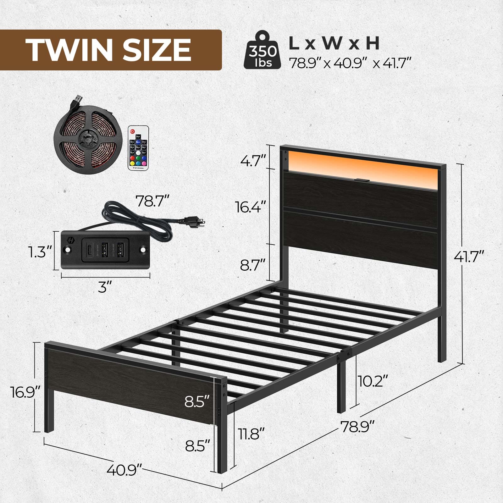 Rolanstar Twin Metal Platform Bed Frame with LED Headboard & USB Charging Station - Sturdy Steel Slats, 10.2