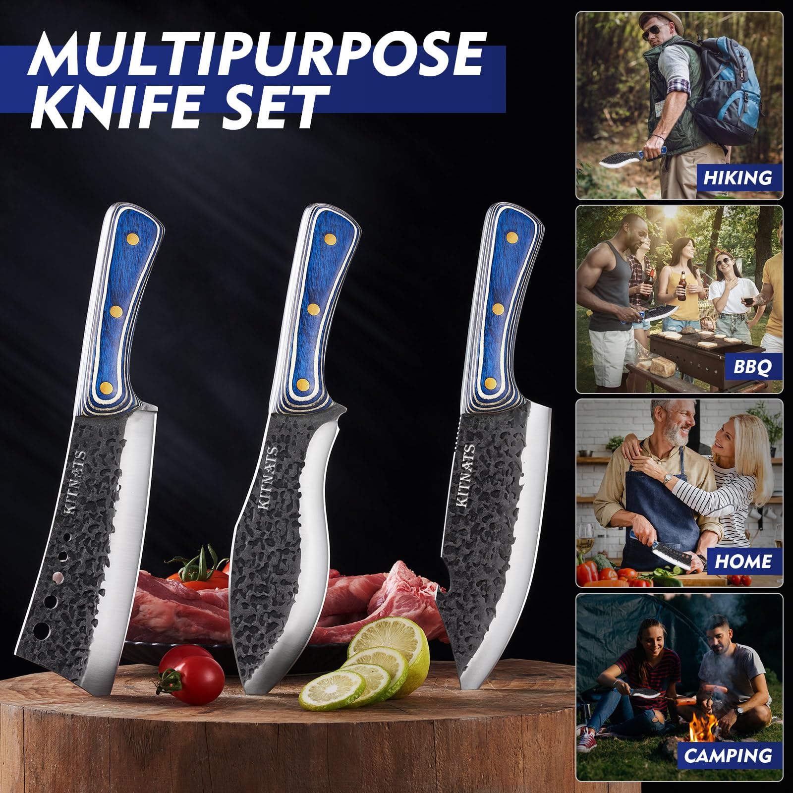 Premium 3-Piece Hand Forged Kitchen Knife Set - Chef Knife, Butcher Knife & Tactical Cleaver for Meat Cutting | Perfect for Home Cooking, Camping, BBQ & Outdoor Adventures | Ideal Gift for Chefs & Cooking Enthusiasts