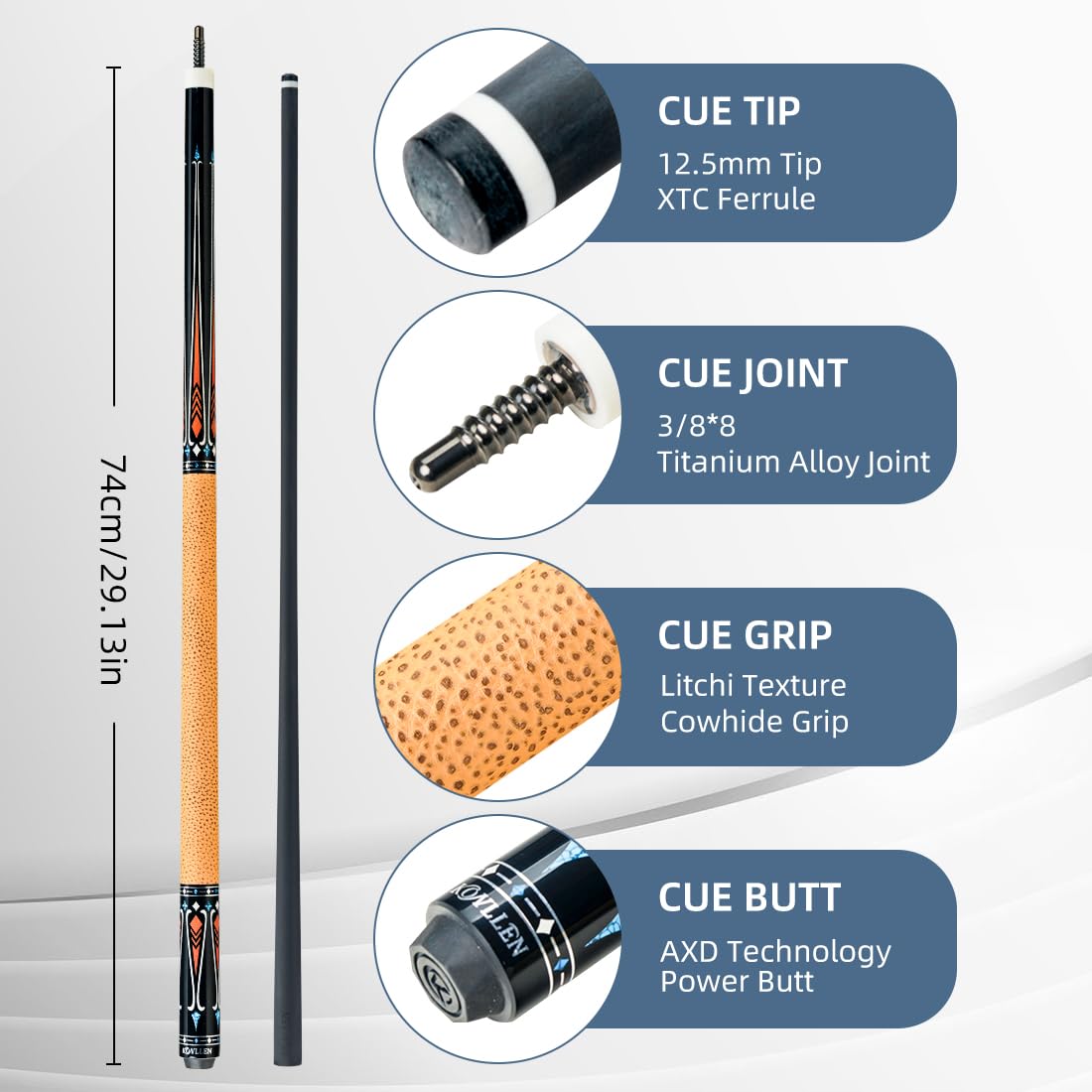 KONLLEN 58-inch Professional Carbon Fiber Pool Cue Stick - Low Deflection Billiard Cue with 12.5mm Tip for Adults (Pro Taper, Easy Control, Ultra-Smooth) | Perfect for Tournament Play & Home Pool Tables