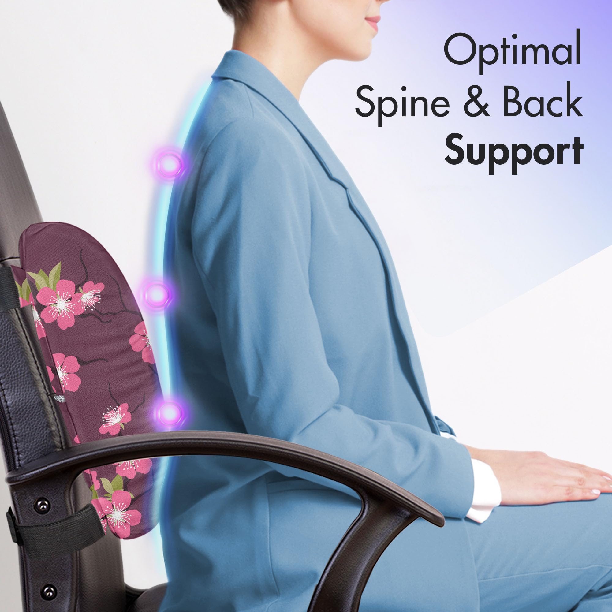 Ambesonne Cherry Blossom Lumbar Support Pillow - High Density Foam for Office Chairs & Car Seats - 14x13 Inch - Plum Pink & Green - Perfect for Back Pain Relief, Home Office & Long Drives