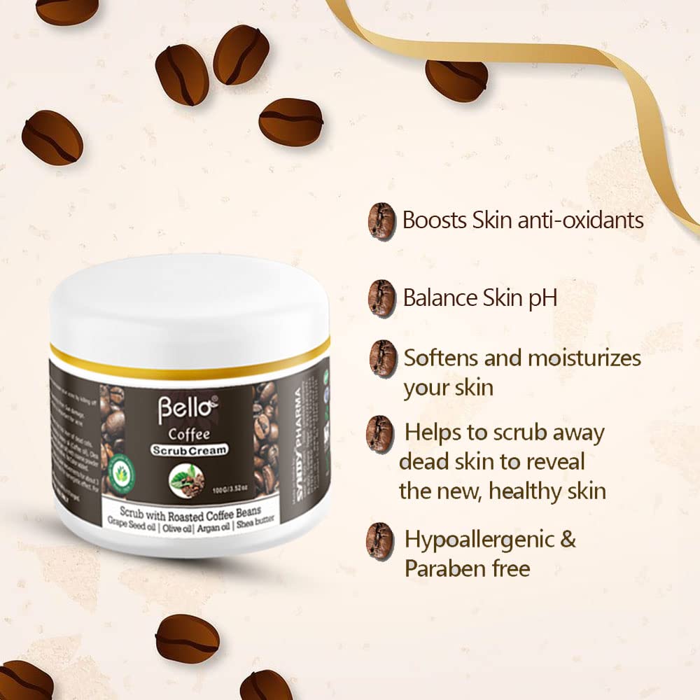 Bello Coffee Scrub Cream - 100g Exfoliating Body Scrub with Natural Coffee Beans & Herbal Extracts for Smooth Skin | Perfect for Spa Day, Dry Skin Treatment & Home Relaxation