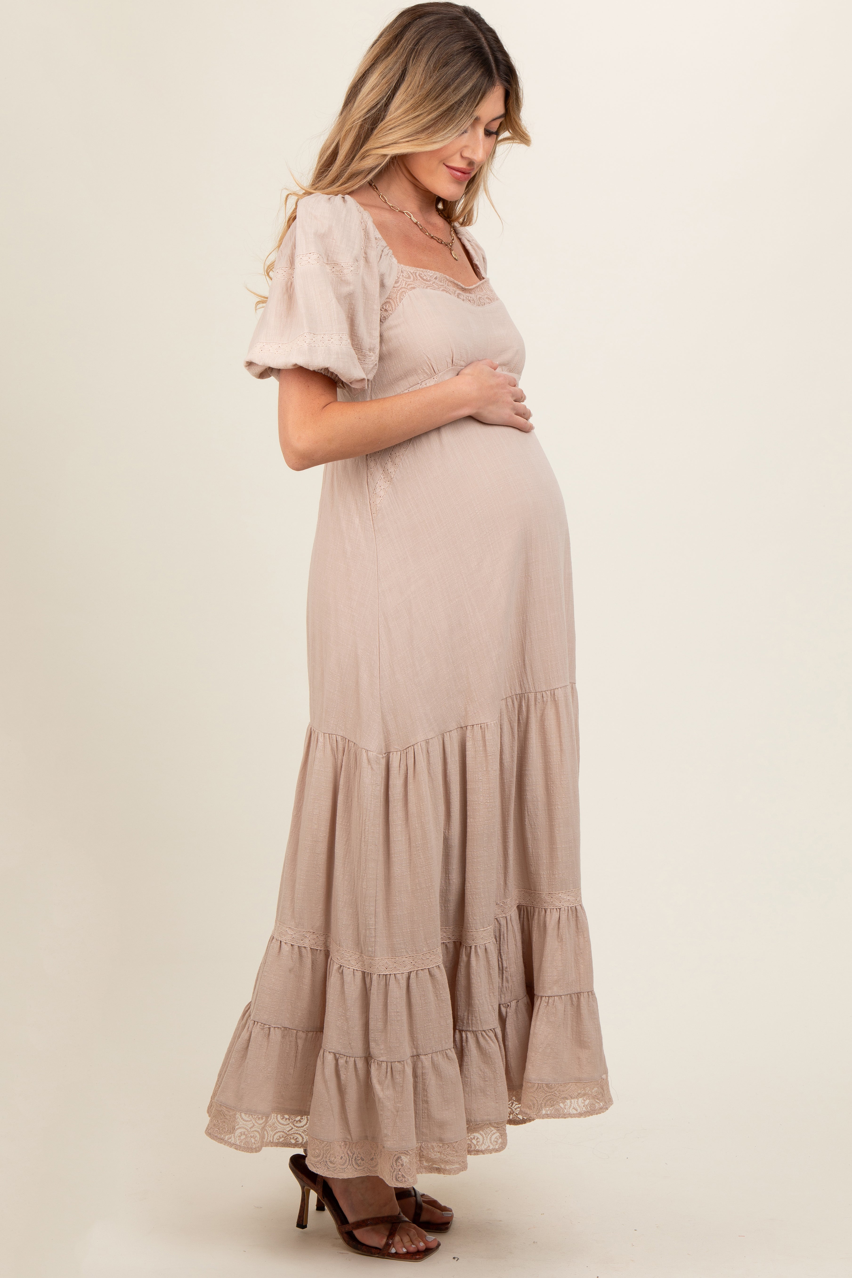 Beige Lace Insert Maternity Maxi Dress - Comfortable Pregnancy Gown for Baby Shower, Photoshoot & Special Occasions