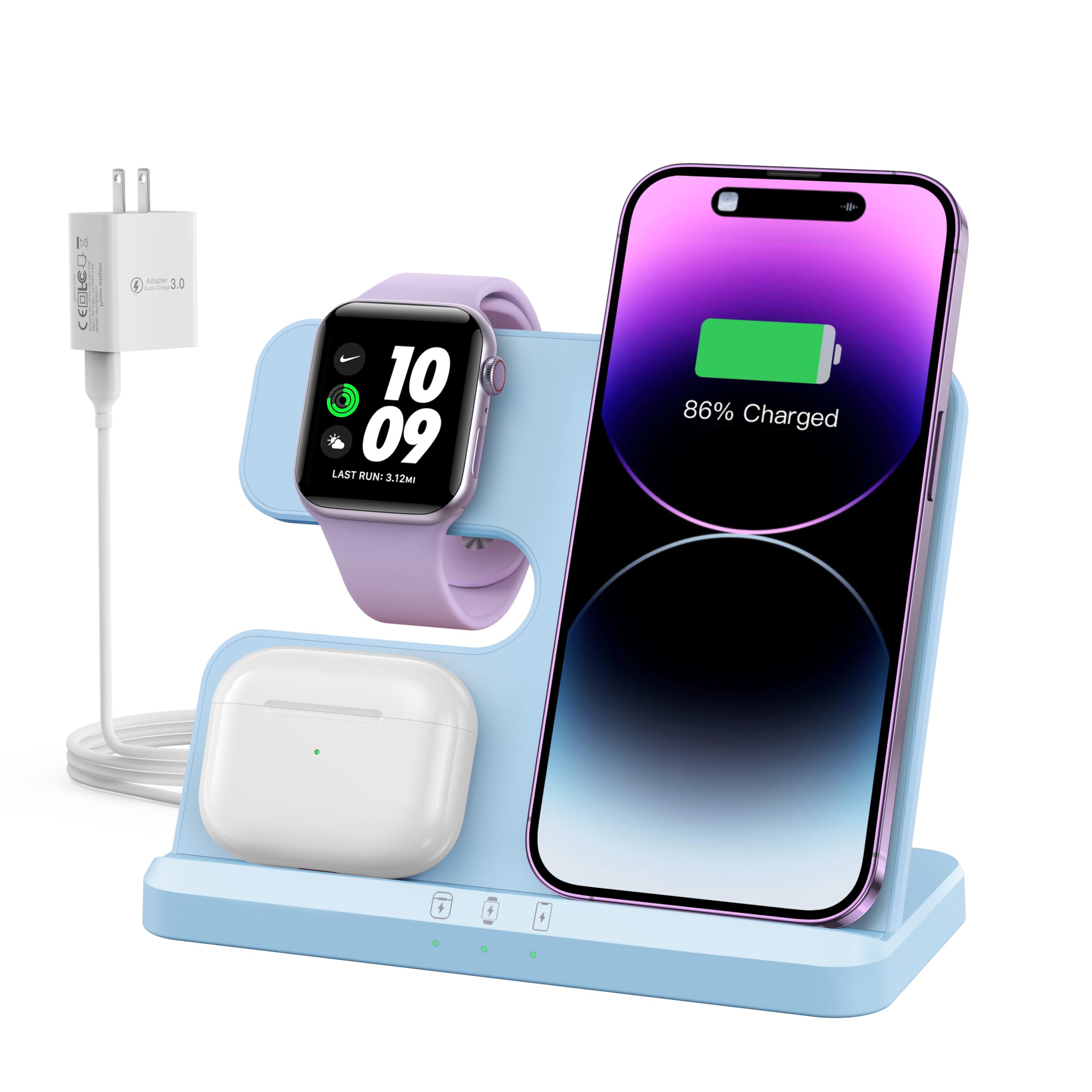 3-in-1 Wireless Charging Station for iPhone 16/15/14/13/12/11/X/8, Apple Watch & AirPods 4/3/Pro - Fast Qi-Certified Charger for Multiple Devices - Perfect for Bedside, Office & Travel Use