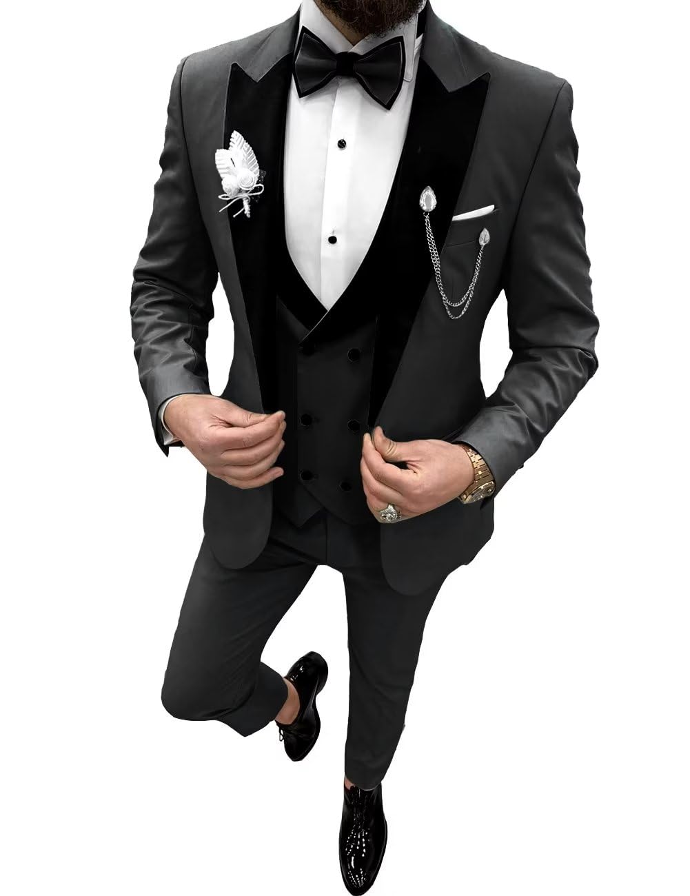 Wangyue Men's Slim Fit 3 Piece Tuxedo Suit - Formal Wedding Groomsmen Suit with Peak Lapel & Bow Tie | Perfect for Prom, Black Tie Events & Special Occasions