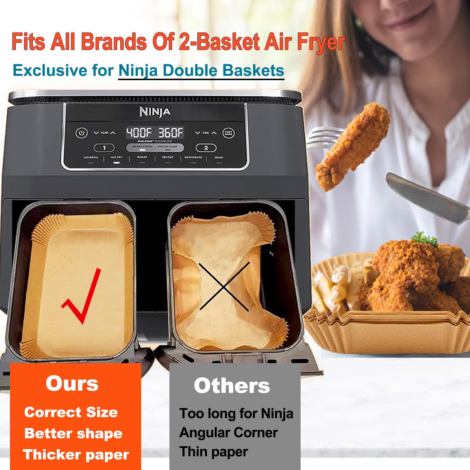 Ninja Foodi Air Fryer Liners - Disposable Parchment Paper Liners for Ninja DZ071 Dual Air Fryer | Rectangle 2 Basket Liners | Perfect for Healthy Cooking, Quick Meals & Easy Cleanup