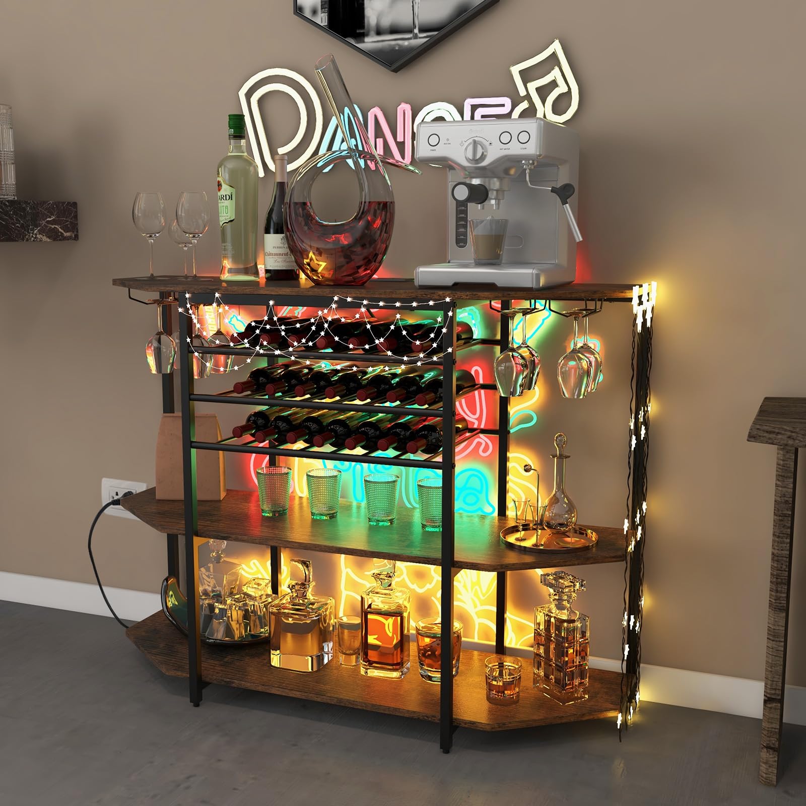 COSTWAY 3-Tier Wine Bar Cabinet with Power Outlets - Rustic Brown Liquor Storage with Wine Bottle Racks & Glass Holders, Freestanding Mini Bar Table for Kitchen, Dining Room, Home Pub or Office - Perfect for Entertaining Guests & Displaying Your Wine Collection