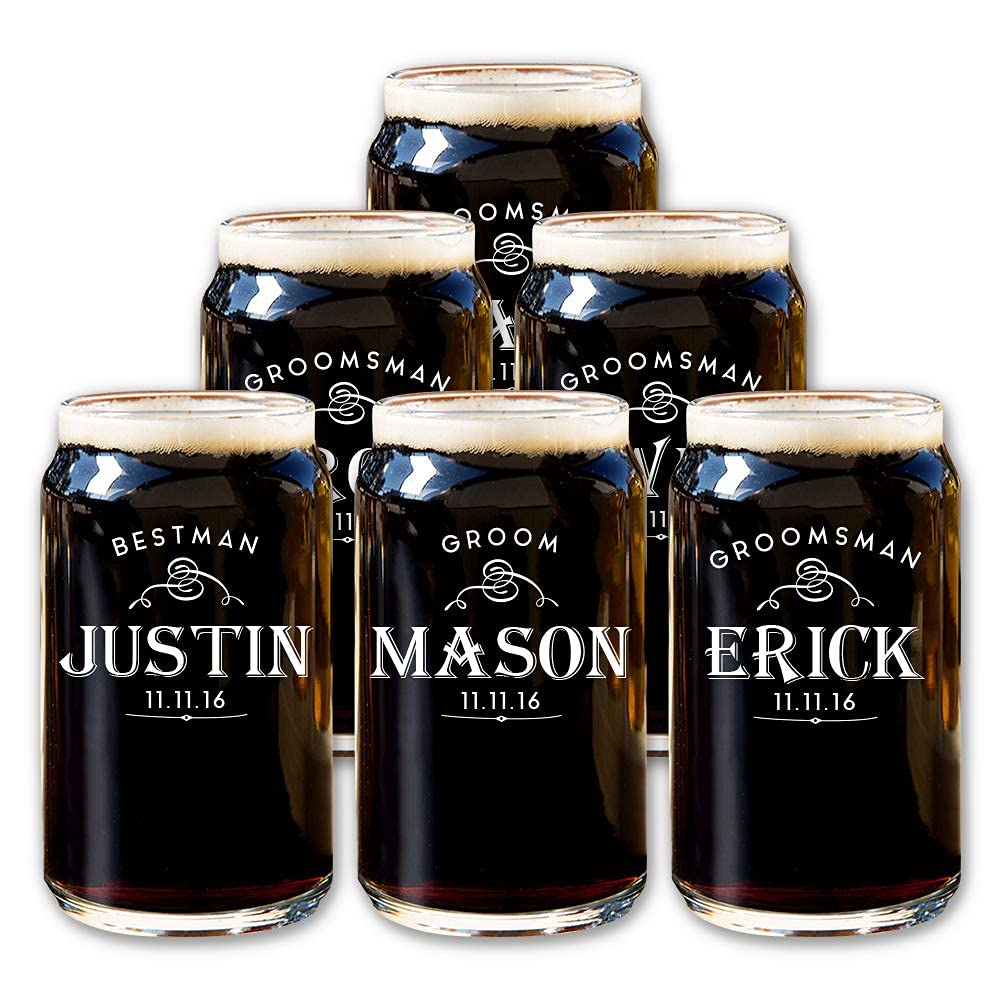 Personalized Beer Can Glasses Set of 6 - Custom Engraved Groomsmen Gift for Weddings - 9 Premium Design Options - Perfect for Bachelor Parties, Anniversary Gifts & Man Cave Decor