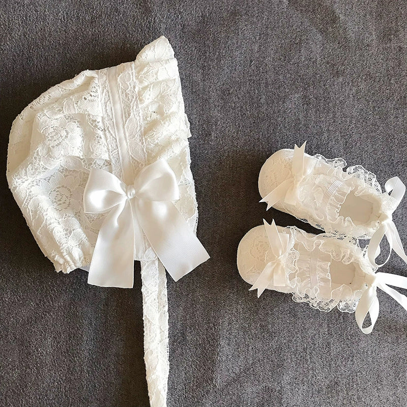 Baby Girl Princess Hat & Lace Shoes Set - Elegant Newborn Photo Outfit for Christening, Birthday & Special Occasions