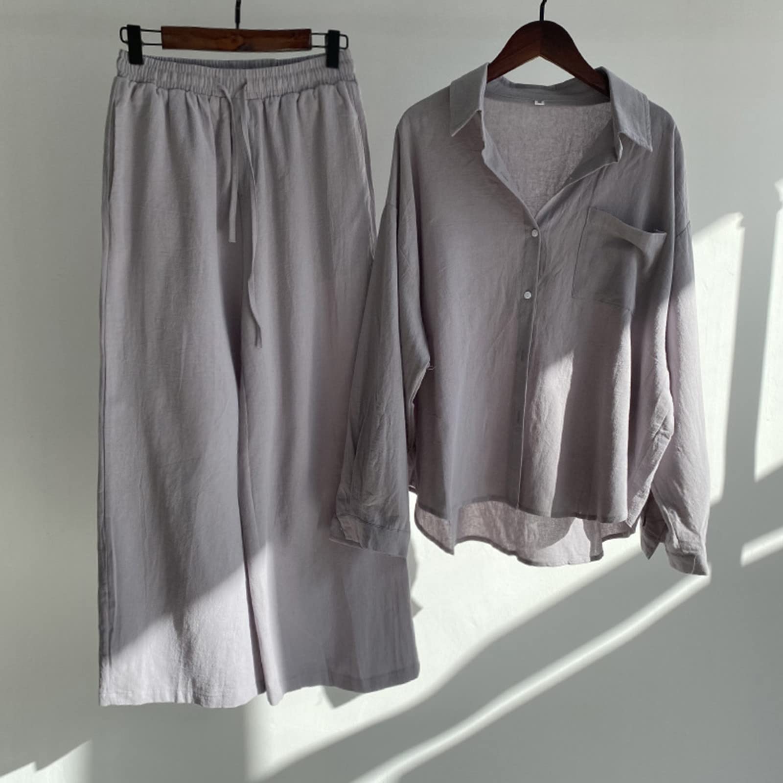 Women's 2-Piece Linen Outfit Set - Long Sleeve Button Down Shirt & Wide Leg Pants | Summer 2024 Casual Workwear & Lounge Wear | Perfect for Office, Travel, and Relaxation