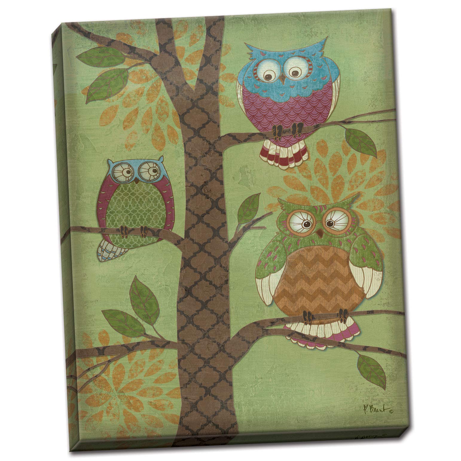 Gango Home Décor Hand-Stretched Canvas Wall Art - 11x14in Popular Owls in a Tree Painting, Blue/Brown/Green - Perfect for Living Room, Bedroom & Office Decor