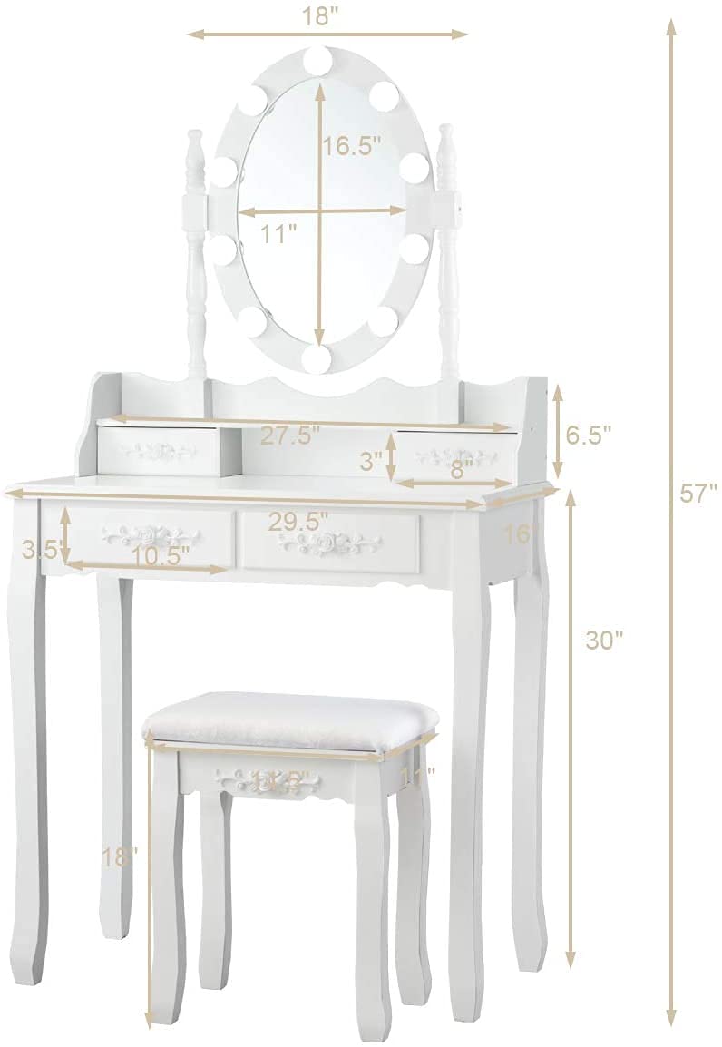 LDAILY Vanity Table Set with Lighted Mirror - 10 LED Lights, 4 Drawers & Oval Dressing Desk with Cushioned Stool for Women & Girls (White/Black/Dark Brown) | Perfect for Bedroom Makeup, Skincare & Hair Styling