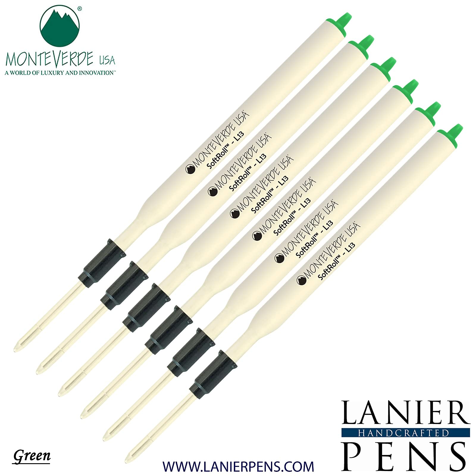 Monteverde Soft Roll Ballpoint L13 Ink Refill 6-Pack - Compatible with Lamy Style Pens - Green Medium Tip 0.7mm - Perfect for Office, School & Everyday Writing