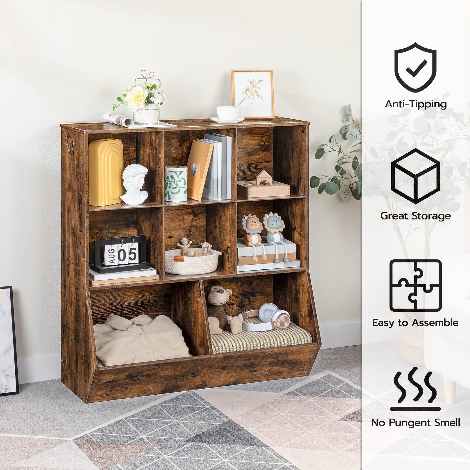 HOOBRO 8-Cubicle Kids Bookshelf and Toy Storage Organizer - Rustic Brown Wooden Bookcase for Playroom, Bedroom, Nursery & School - Perfect for Organizing Books, Toys, and Learning Supplies