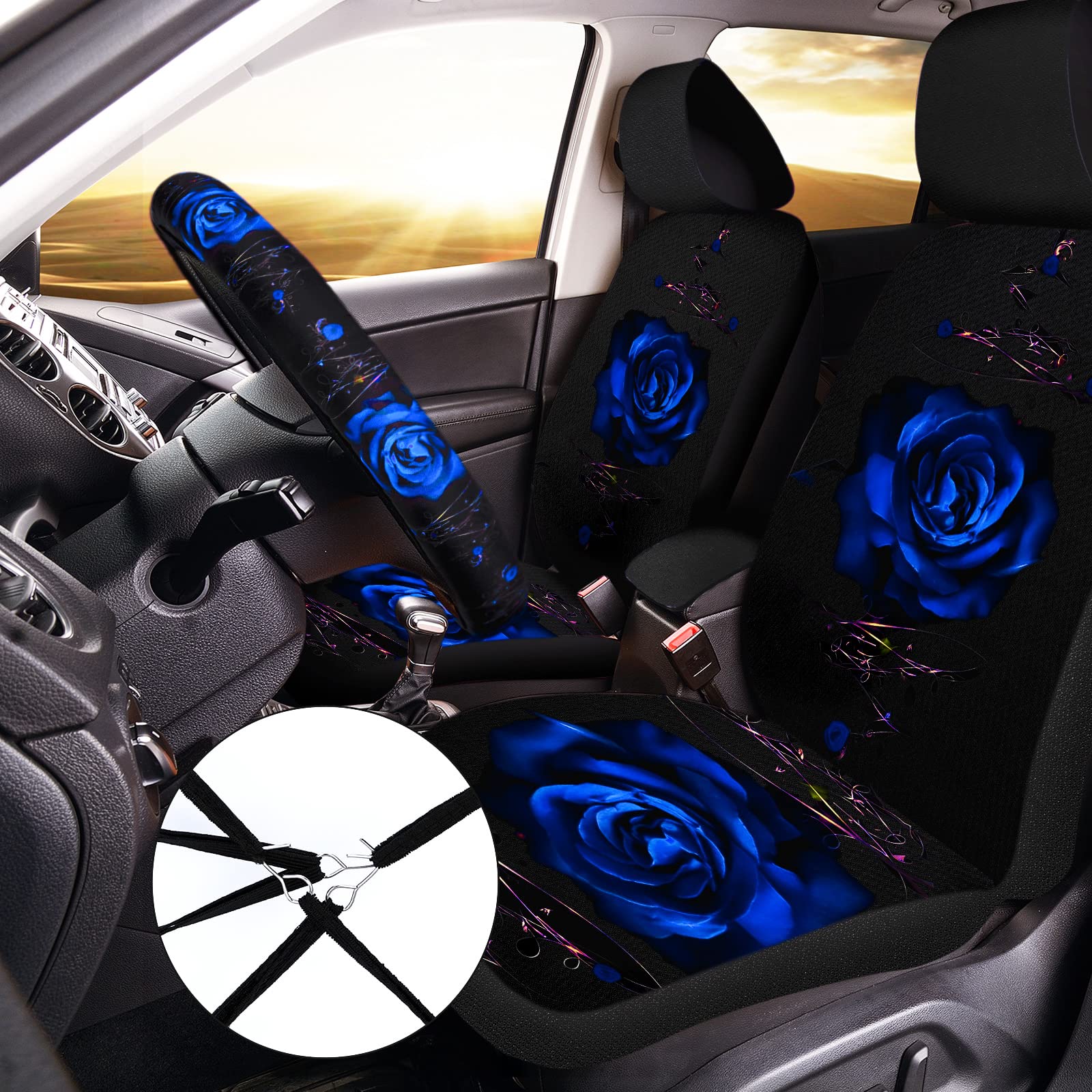 15-Piece Rose Flower Car Seat Covers Set for Women - Universal Fit with Rubber Steering Wheel Cover, Armrest & Seatbelt Covers - Front & Rear Backrest Protection - Soft Polyester Fabric (Blue) - Perfect for Daily Commute, Road Trips & Car Interior Decoration