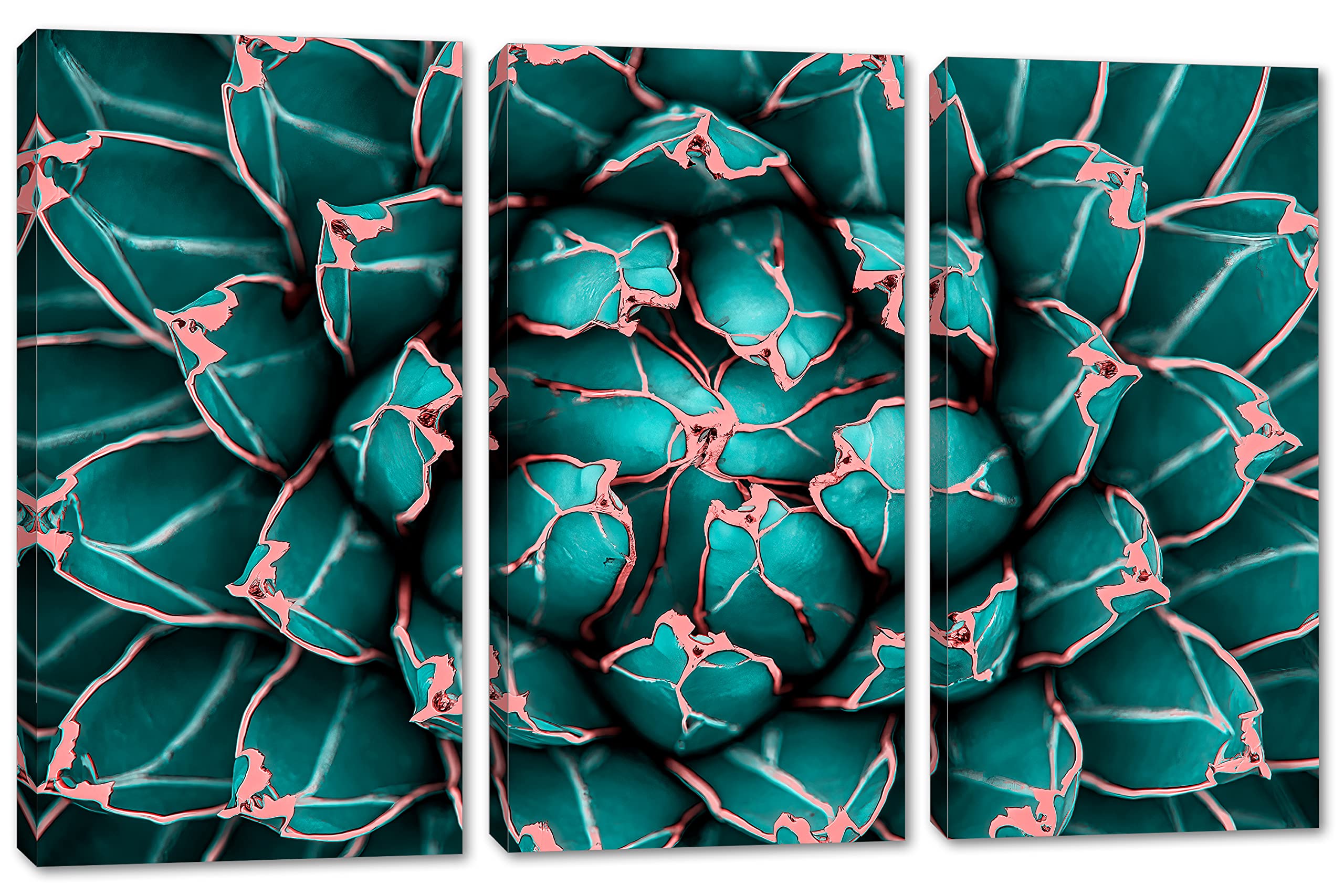 48x32 Inch Agave Cactus Canvas Wall Art - 3 Panel Split Botanical Print in Teal | Modern Home Decor for Living Room, Bedroom & Office