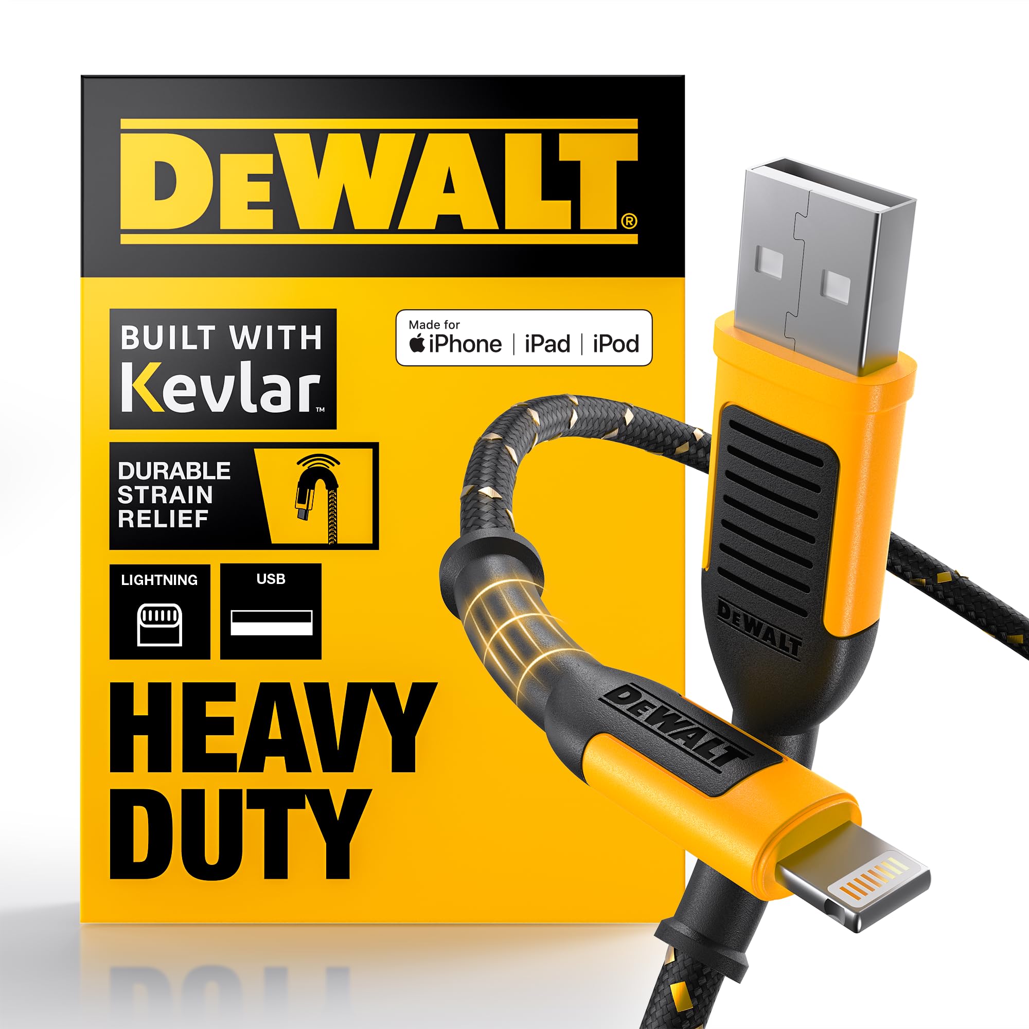 **Durable DEWALT Lightning to USB Cable - Reinforced Braided Charging Cord for iPhone 13/12/11/X/8 & More - Fast Charging & Sync (6ft, USB-A to Lightning) - Perfect for Home, Office & Travel**