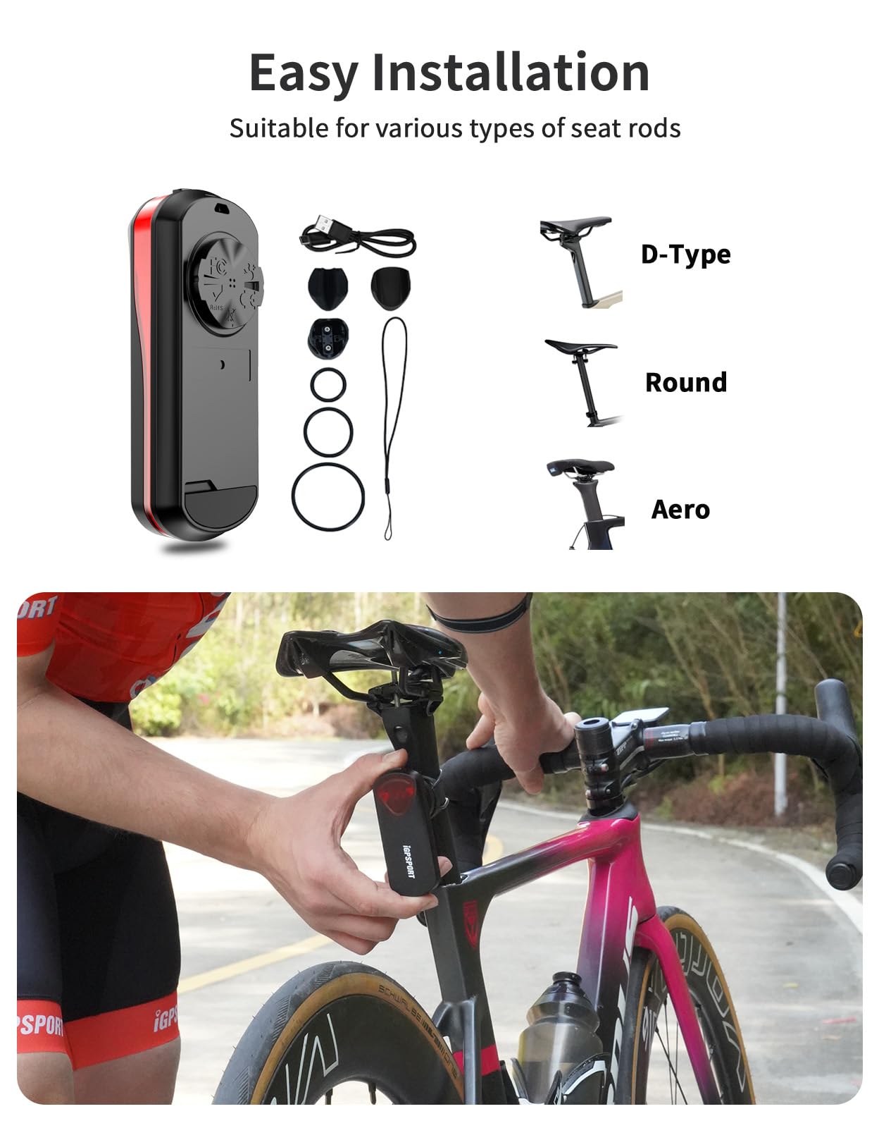 iGPSPORT SR30 Bike Rear Light with Radar - 20H Battery Life, 150M Detection Range, IPX7 Waterproof, USB Rechargeable Cycling Tail Light for Road & Mountain Bikes - Perfect for Night Riding and Commuting Safety