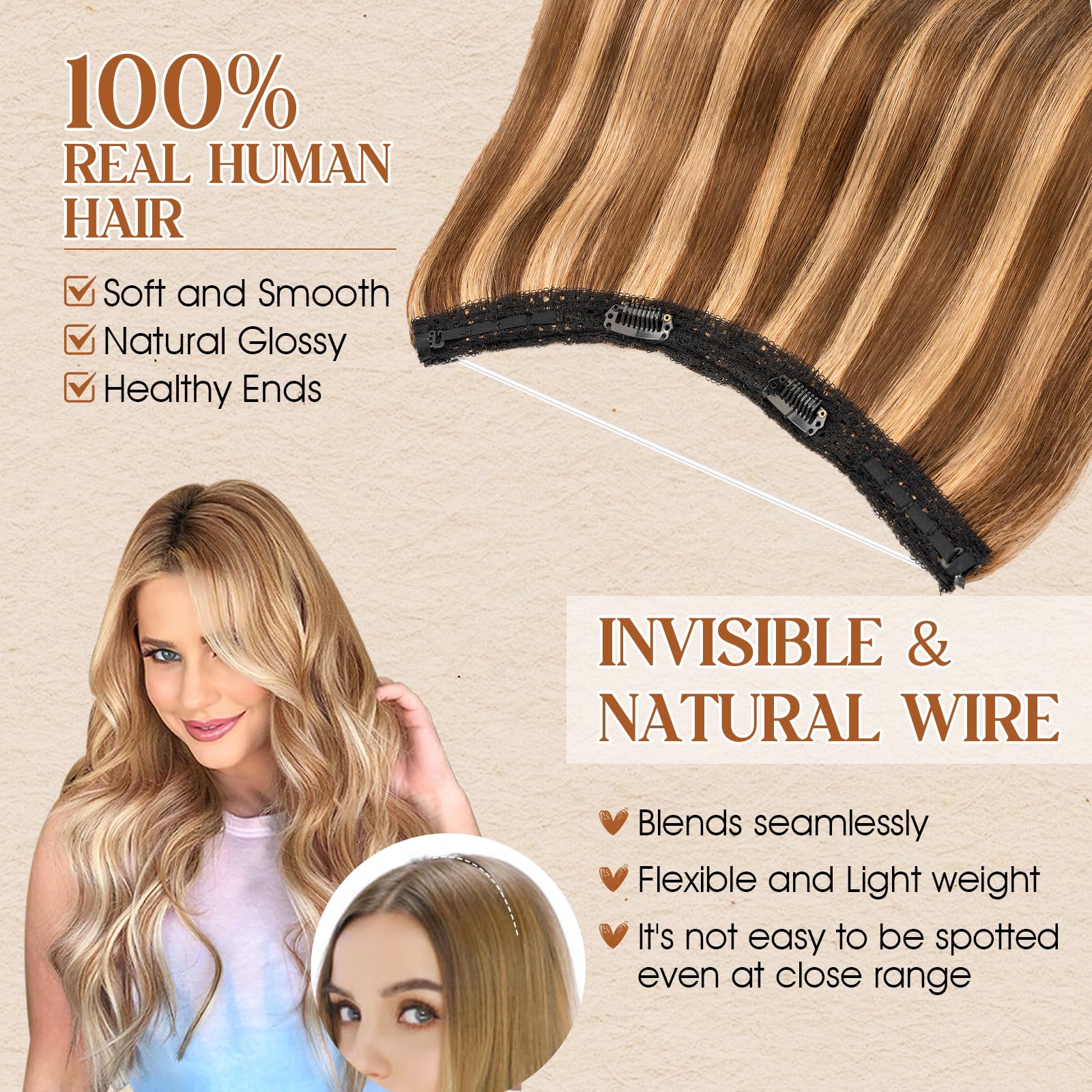 Benehair 20 Inch Halo Hair Extensions - 100% Real Human Hair, Invisible Wire with Fish Line, Medium Brown Mixed Dark Blonde (#4&27), 70g - Perfect for Weddings, Parties & Everyday Styling