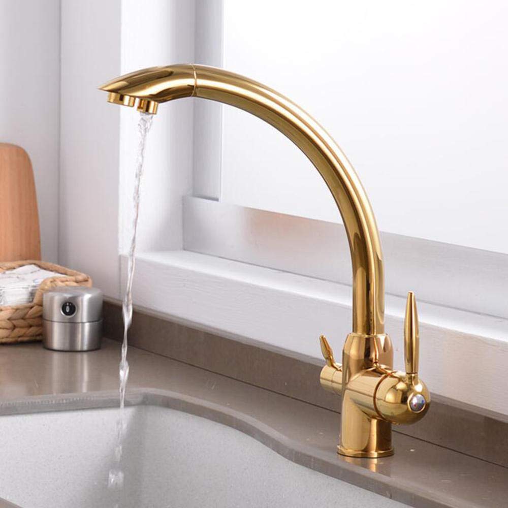 3-Way Brass Kitchen Faucet with Water Filter - Hot & Cold Rotatable Drinking Water Purification Tap for Sink (Golden) - Perfect for Modern Kitchens & Direct Drinking Water Access