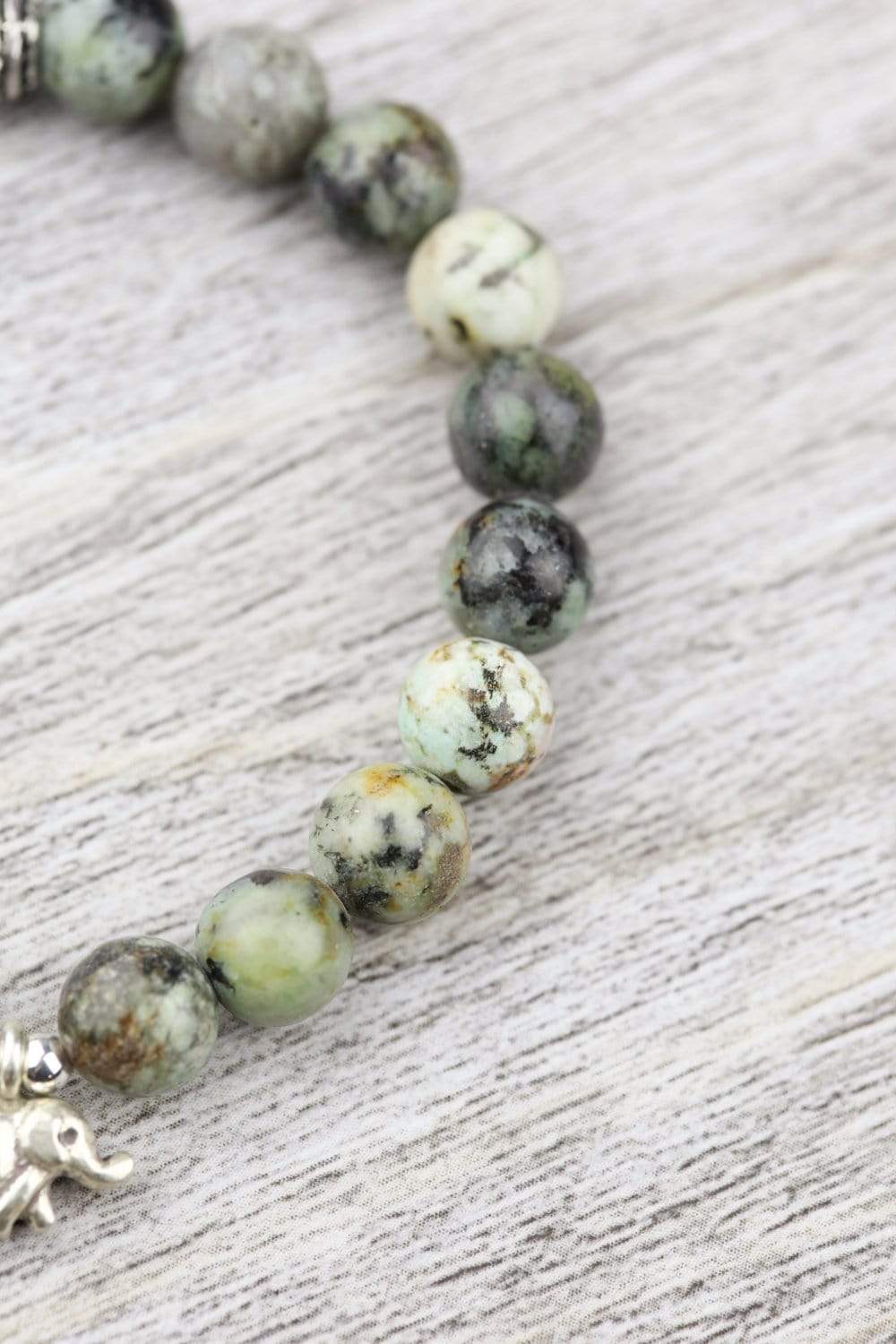 African Turquoise & Sterling Silver Elephant Wrist Mala Bracelet - Spiritual Meditation Yoga Jewelry for Women