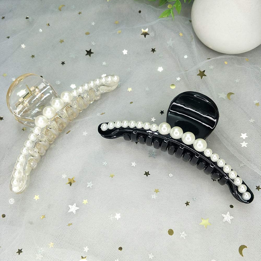 Korean Style Large Hair Claw Clip - RedChimes Thick Hair Clutch for Women & Girls (Black White Pearl, 2 Pack) - Perfect for Updos, Ponytails & Everyday Hairstyles