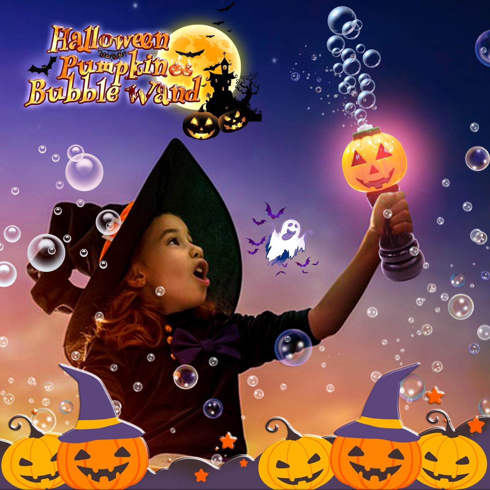 Halloween Bubble Blower Wand - 2 Pack Automatic Light Up Handheld Bubble Machine with Pumpkin & Science Freak Design, Kids Halloween Party Favors & Outdoor Play Toys for Trick-or-Treating, Backyard Parties & Festive Celebrations