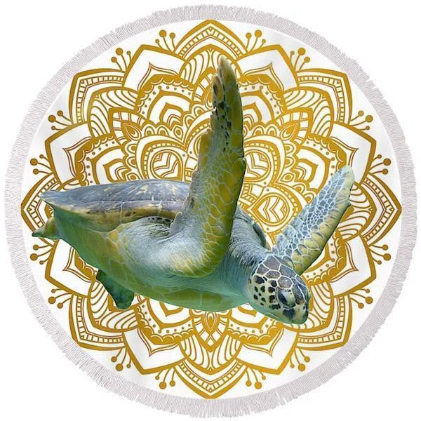 Golden Sea Turtle Mandala Round Beach Towel - Soft, Absorbent & Quick-Dry for Pool, Beach, Yoga & Outdoor Activities