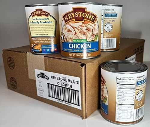 Keystone Meats All Natural Canned Chicken 28oz - Fully Cooked, High Protein, Shelf Stable Emergency Food - Ready to Eat, No Water Needed, No Preservatives, Gluten Free - Made in USA (Pack of 12) - Perfect for Camping, Emergency Preparedness & Quick Meals