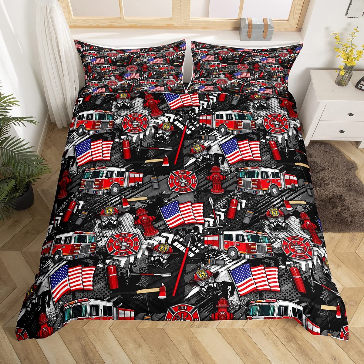 American Flag Fire Truck Duvet Cover Set Twin Size - Patriotic Firefighter Theme Bedding with Red Fire Hydrant & Extinguisher Print, Includes 1 Pillowcase - Perfect for Kids' Rooms, Boys' Bedroom Decor & Firefighter Enthusiasts