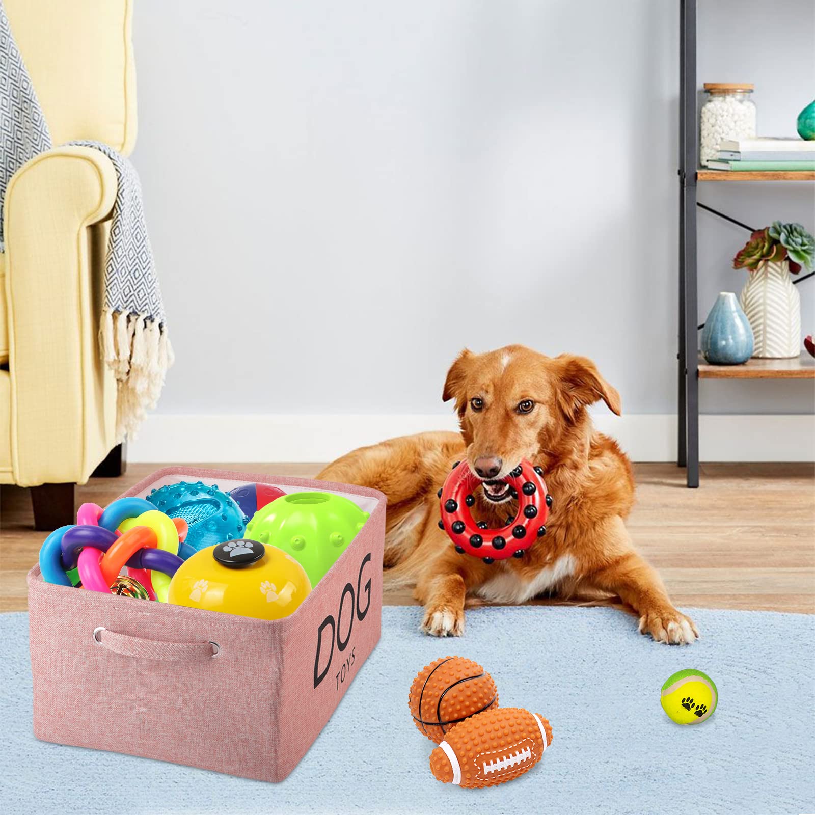 Pethiy Canvas Cat Toy Basket with Handles - Pet Toy Storage Bin for Cats, Dog Toys & Accessories Organization - Pink | Perfect for Living Room, Bedroom & Pet Play Area