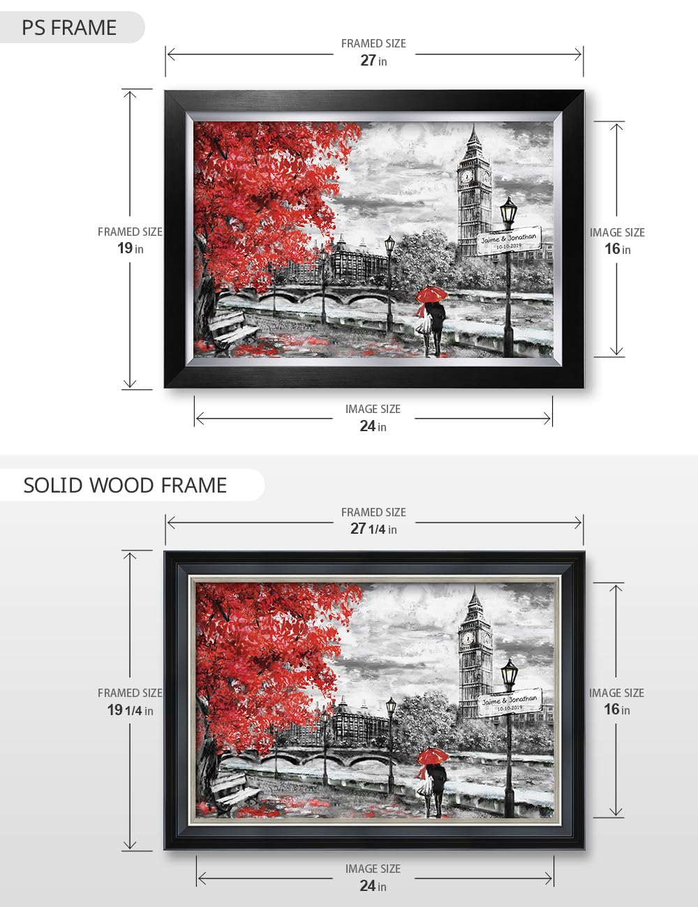 IPIC - Personalized London Lovers Artwork with Custom Names & Date - Romantic Gift for Anniversary, Wedding, Birthday & Holidays - Choose PS or Solid Wood Frame - Perfect for Home Decor, Couples Gifts & Special Occasions
