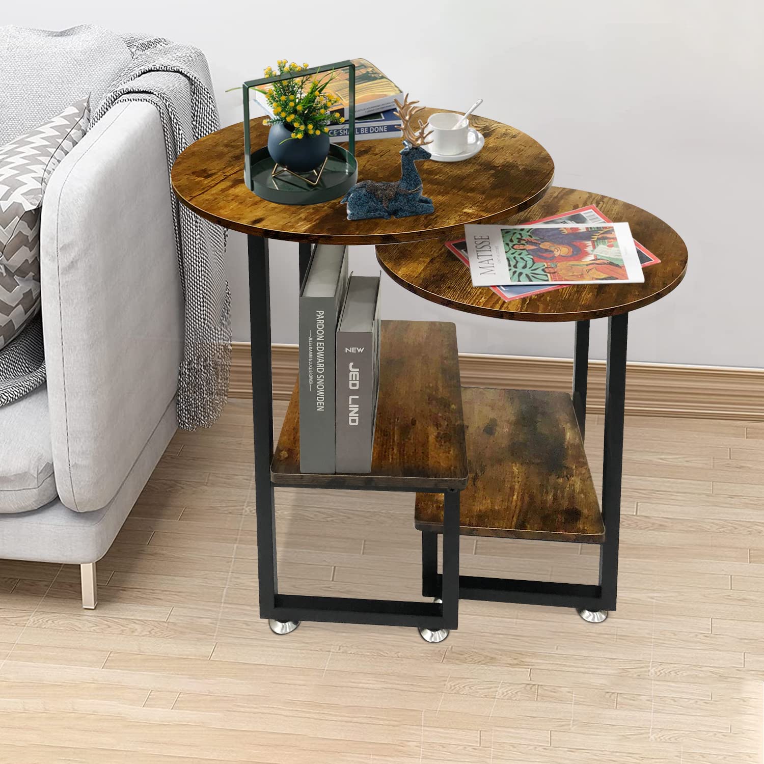 Round Nesting Coffee Table Set of 2 - Farmhouse Wood & Metal Side Tables for Living Room, Balcony - Rustic Brown End Tables for Small Spaces & Cozy Home Decor