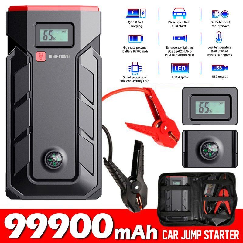 99900mAh Portable Car Jump Starter - Emergency Booster Pack with Power Bank & USB Charger for Cars, Trucks, SUVs - Perfect for Roadside Emergencies & Outdoor Adventures (US/CA Compatible)