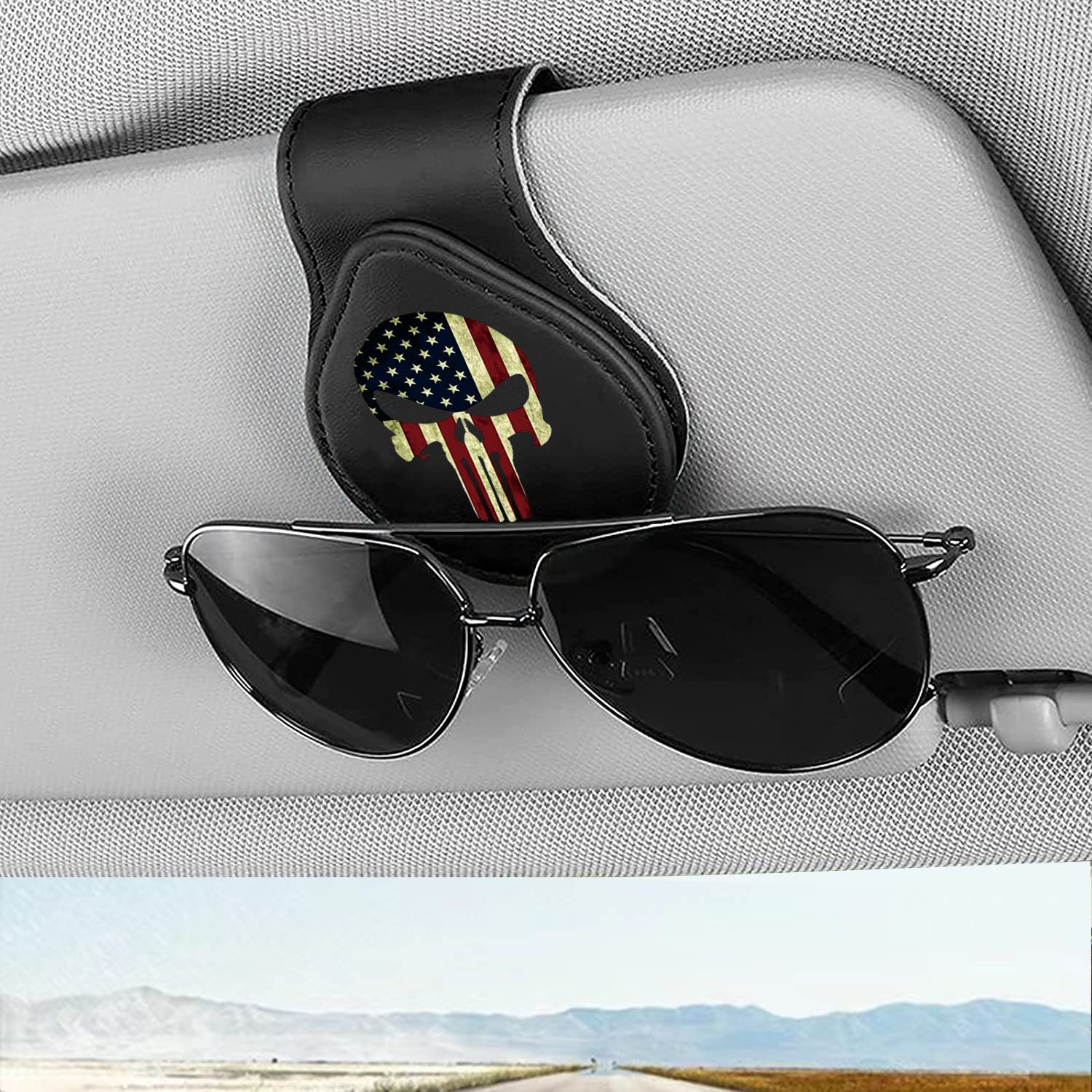 Premium Leather Sunglasses Holder for Car Visor - Universal Eyeglass Hanger Clip with American Flag Skull Design | Perfect for Road Trips, Commuting & Outdoor Adventures