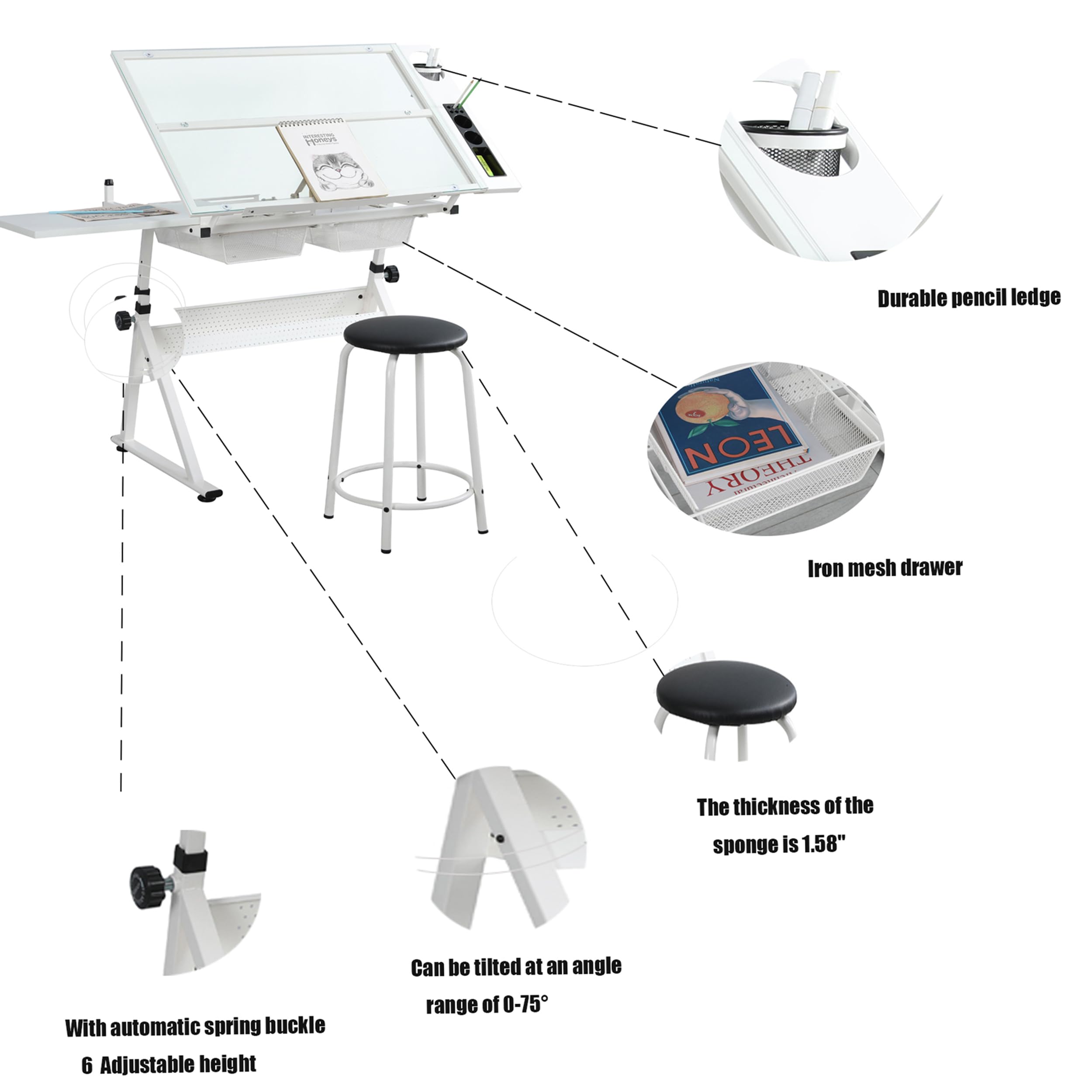 KAAYEE Premium Adjustable Drafting Table with Glass Top & Stool - Height & Tilt Adjustable (Up to 72°) Artist Drawing Desk with Storage Drawers for Sketching, Painting, Architecture & Crafting - Perfect Home Office & Studio Workspace