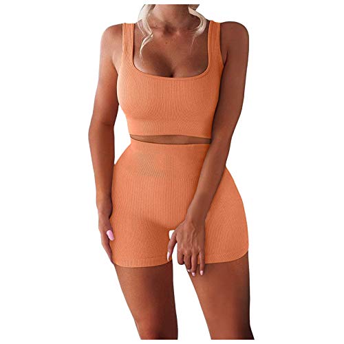 Women's High Waist Yoga Shorts & Workout Tank Top 2-Piece Set - Seamless Crop Activewear for Yoga, Gym & Wedding Guest Outfits (Orange, Size L)