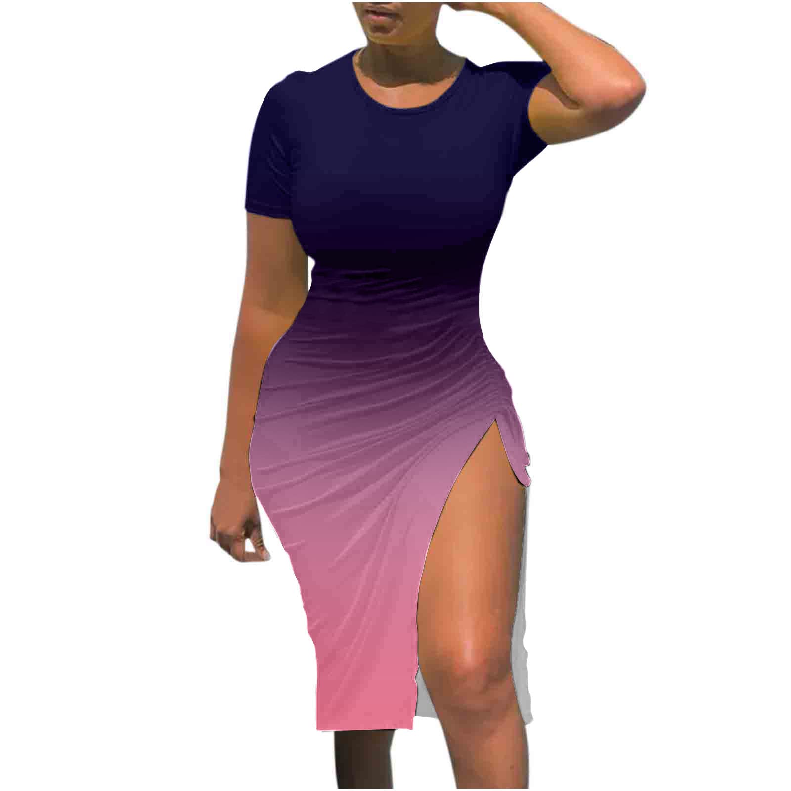 Women's Ruched Bodycon Midi Dress - Sexy Short Sleeve Round Neck T-Shirt Style with High Slit | Perfect for Club, Party, Night Out & Date Night