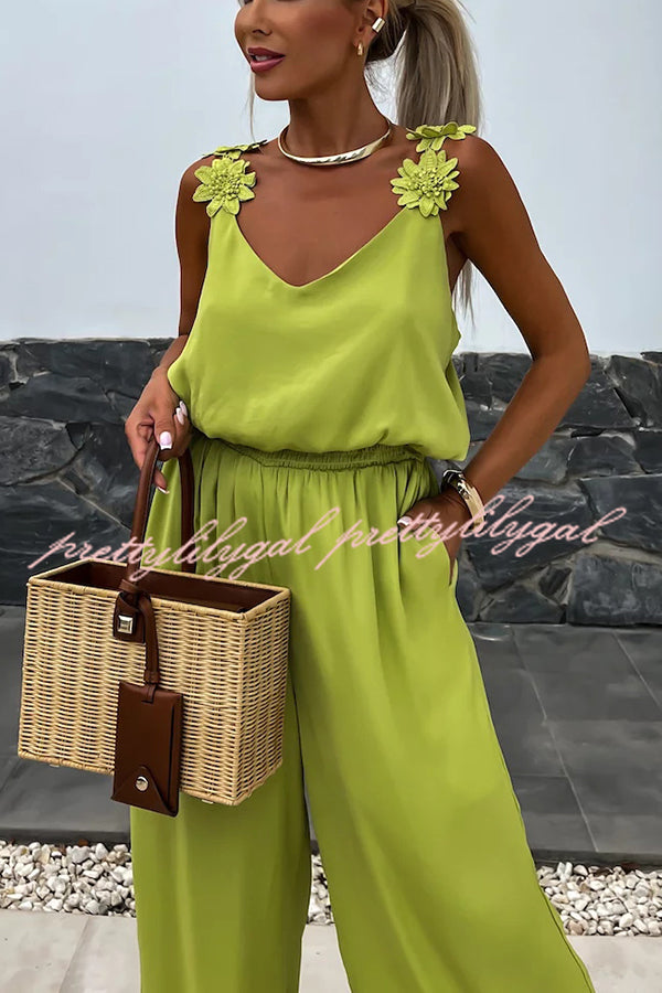 Solid Color Embroidered Flower Suspenders Casual Loose Jumpsuit for Women | Summer Boho Romper | Outdoor Music Festival & Beach Vacation Outfit