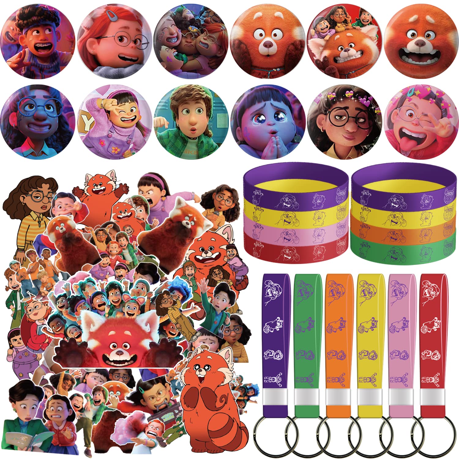 Turning Red Birthday Party Supplies Kit - 12 Bracelets, 12 Button Pins, 12 Keychains & 40 Stickers - Mei Lee Themed Party Decorations & Favors for Kids Birthday, Movie Night & Disney Pixar Themed Events