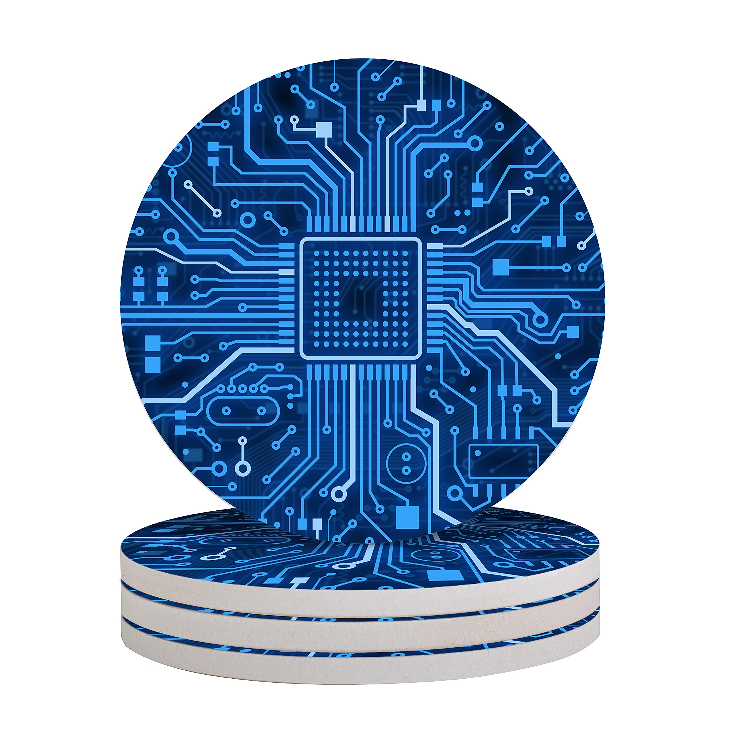 Premium Ceramic Stone Drink Coasters Set of 4 - Absorbent Round Coasters with Cork Base for Mugs, Cups & Table Protection - Perfect for Coffee Shops, Home Decor & Office Use (Microcircuit Design)