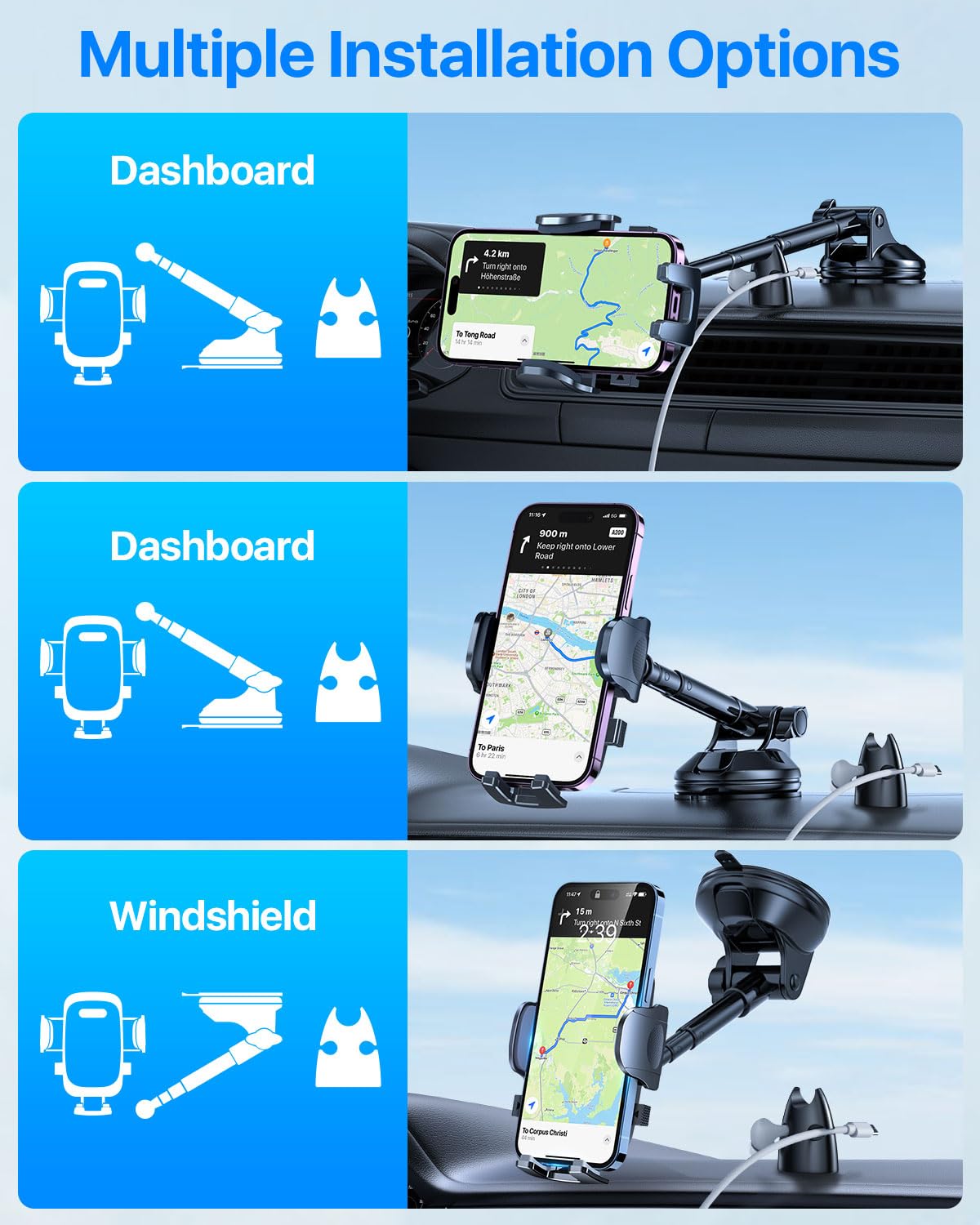 Super Heavy Duty 88 LBS Suction Cup Car Phone Holder - Universal Windshield/Dashboard/Window Mount for iPhone, Samsung & All Smartphones (Black) | Perfect for Road Trips, Commuting & GPS Navigation