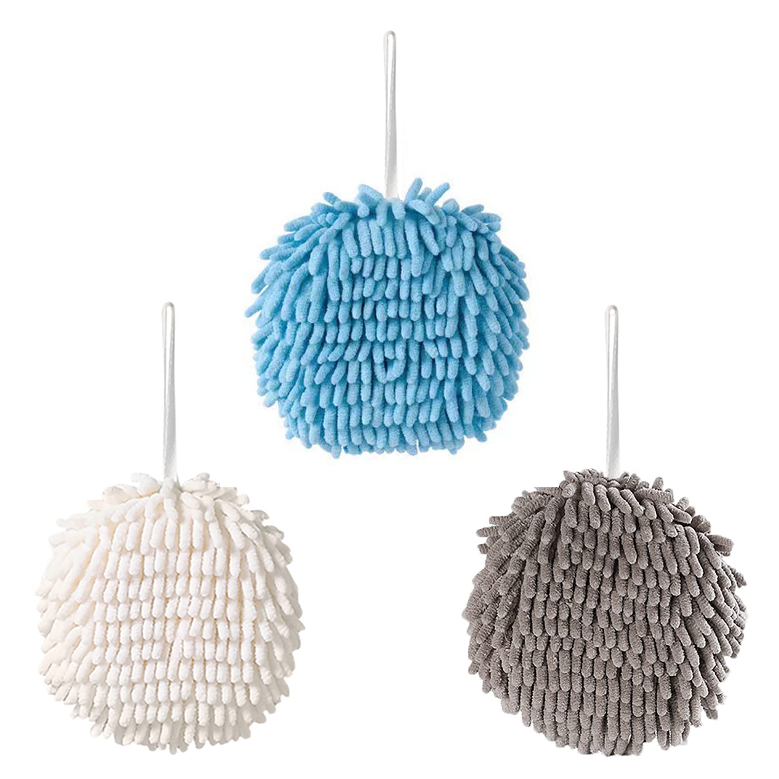 3 Pack Soft Absorbent Microfiber Chenille Hanging Hand Towel Balls - Quick Drying Plush Bath & Kitchen Towels with Hanging Loops (White, Gray, Blue) for Bathroom, Kitchen, Gym, and Spa Use