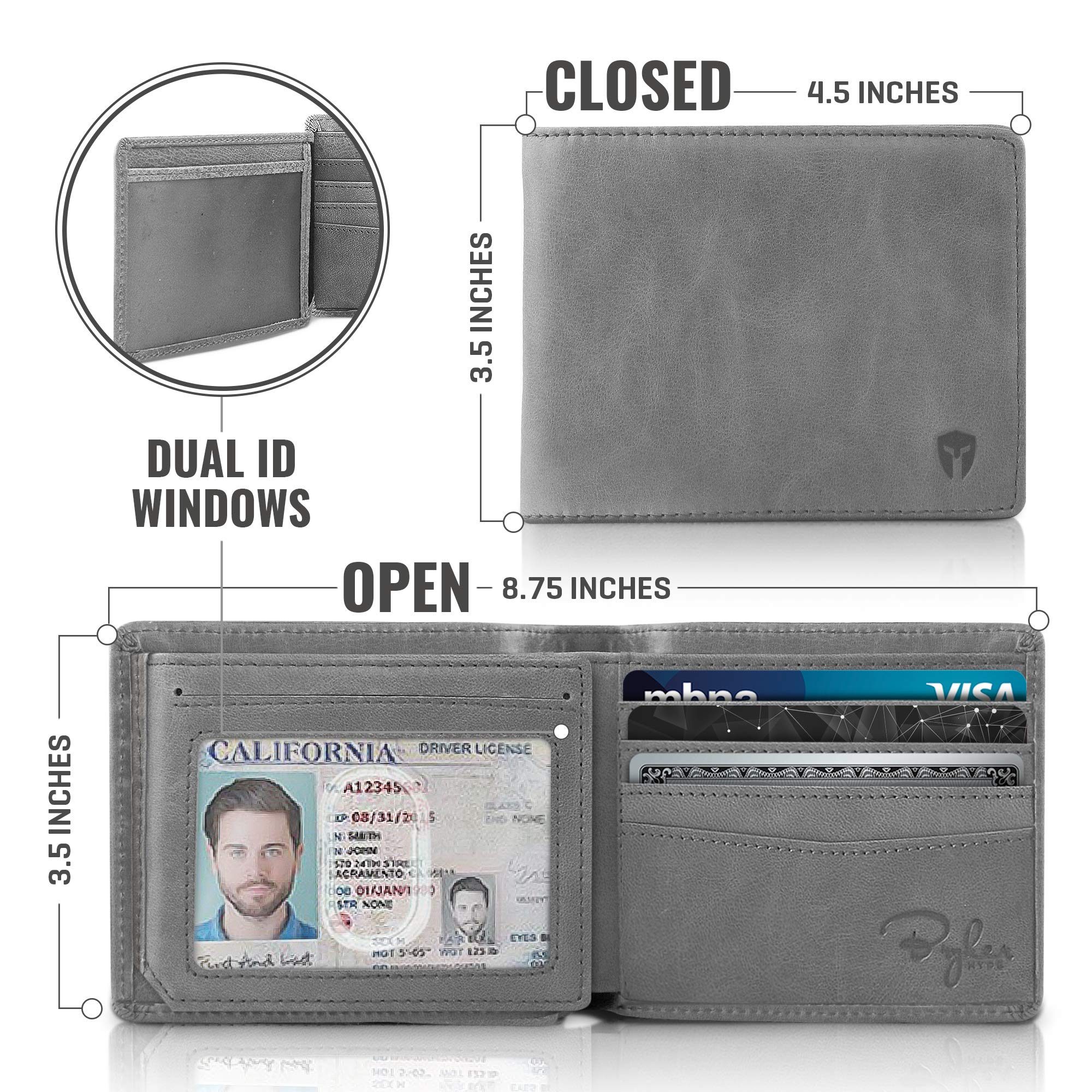 Bryker Hyde 2 ID Window RFID Blocking Wallet for Men - Premium Full Grain Leather Bifold Wallet with Side Flip Design, Extra Capacity Travel Wallet (Slate Gray Distressed Leather) - Perfect for Business, Travel & Everyday Use