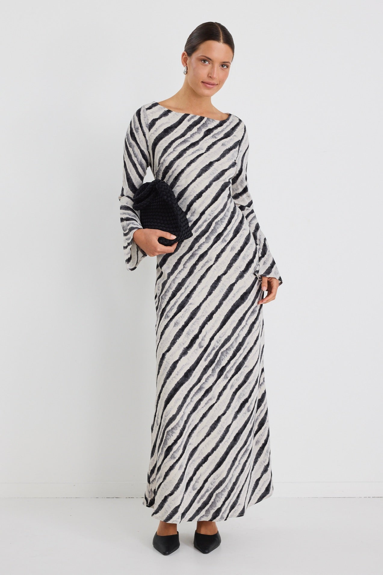 Luminous Charcoal Black Irregular Stripe Fluted Sleeve Bias Cut Maxi Dress for Women - Elegant Evening Gown for Parties, Weddings & Special Occasions