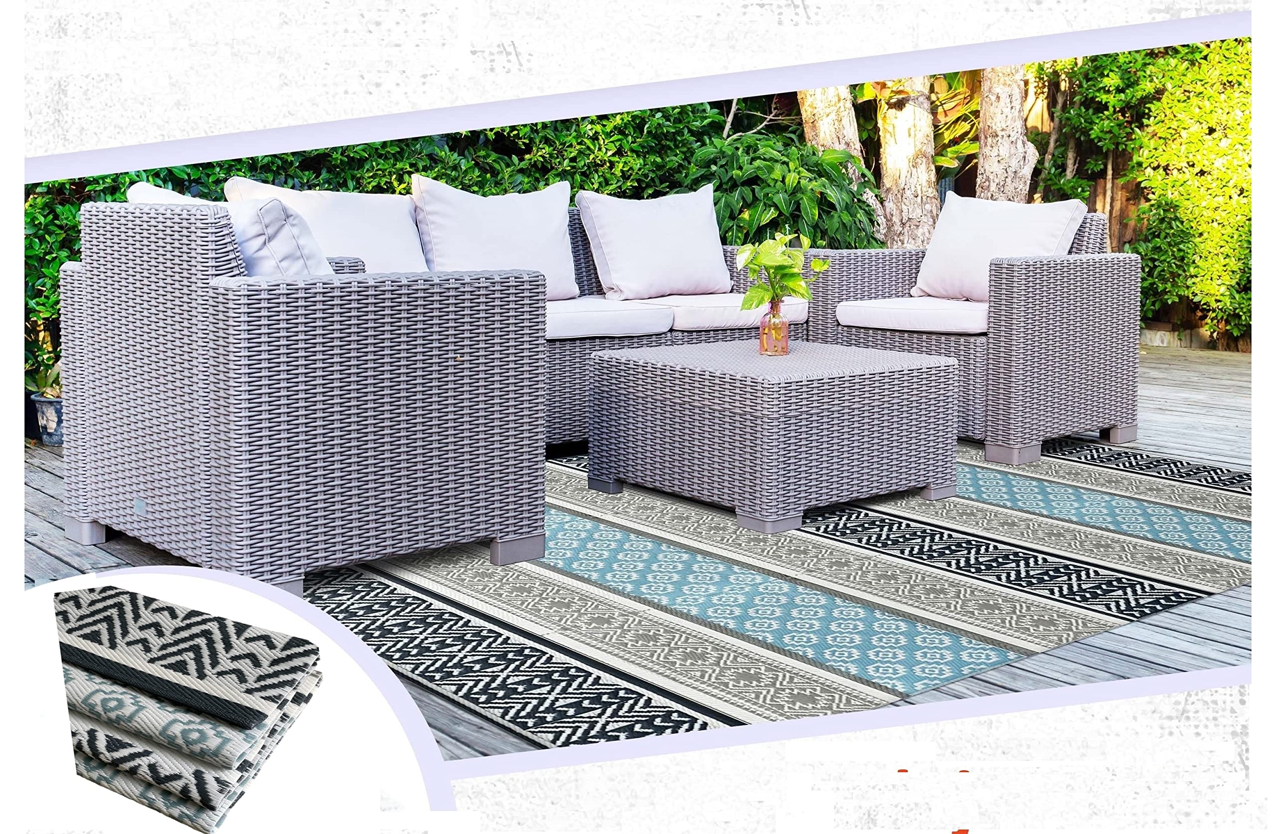 BalajeesUSA 9x18 Reversible Outdoor Rug - Waterproof Recycled Plastic Straw Patio Mat for RV, Camper, Deck, Poolside - Grey & Teal Design | Durable & Eco-Friendly
