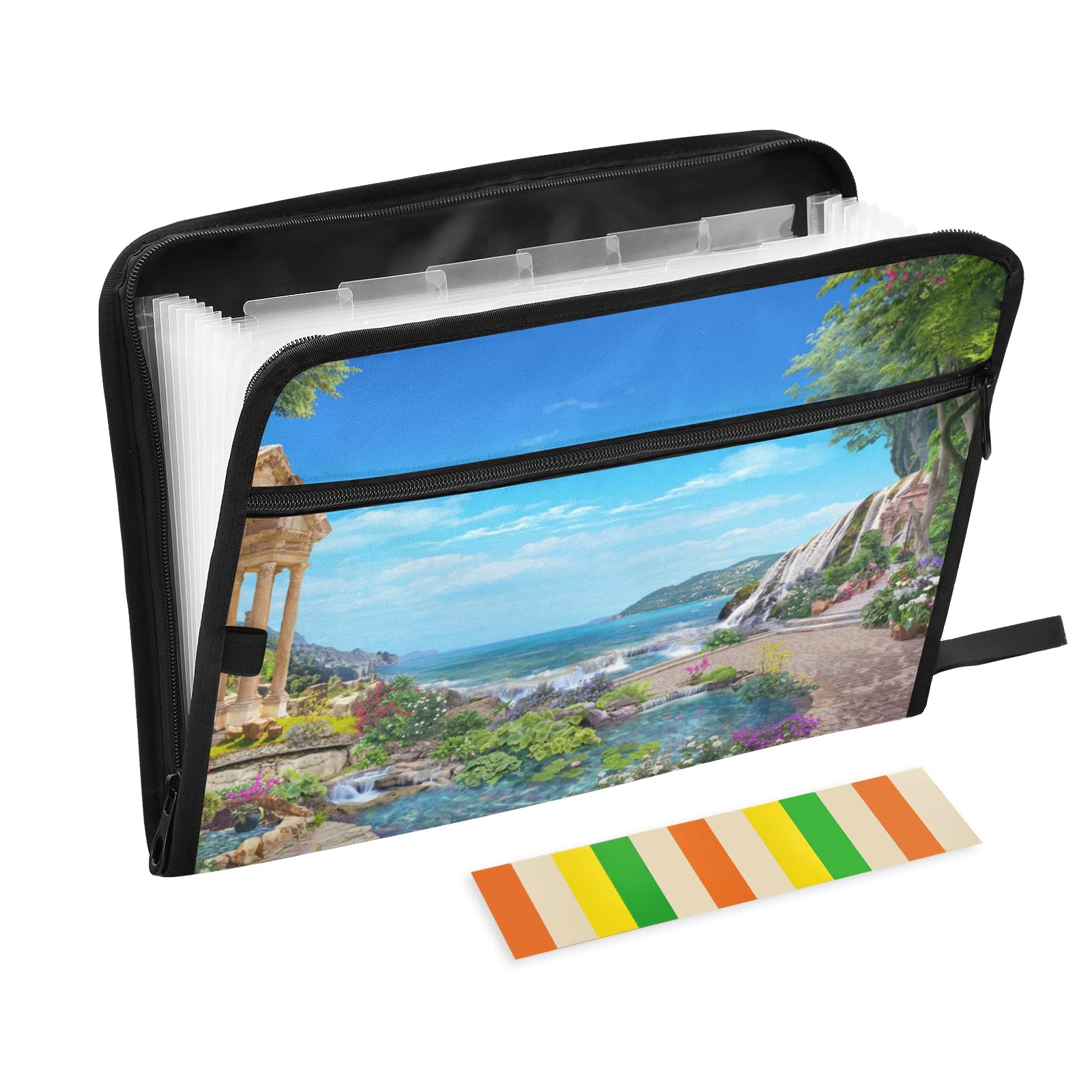KFBE Seaside Garden Expanding File Folder - 13 Pocket Accordion Organizer with Sticky Labels & Zipper Closure - Letter & A4 Size Document Holder for Office, School, Home Organization (20812318)