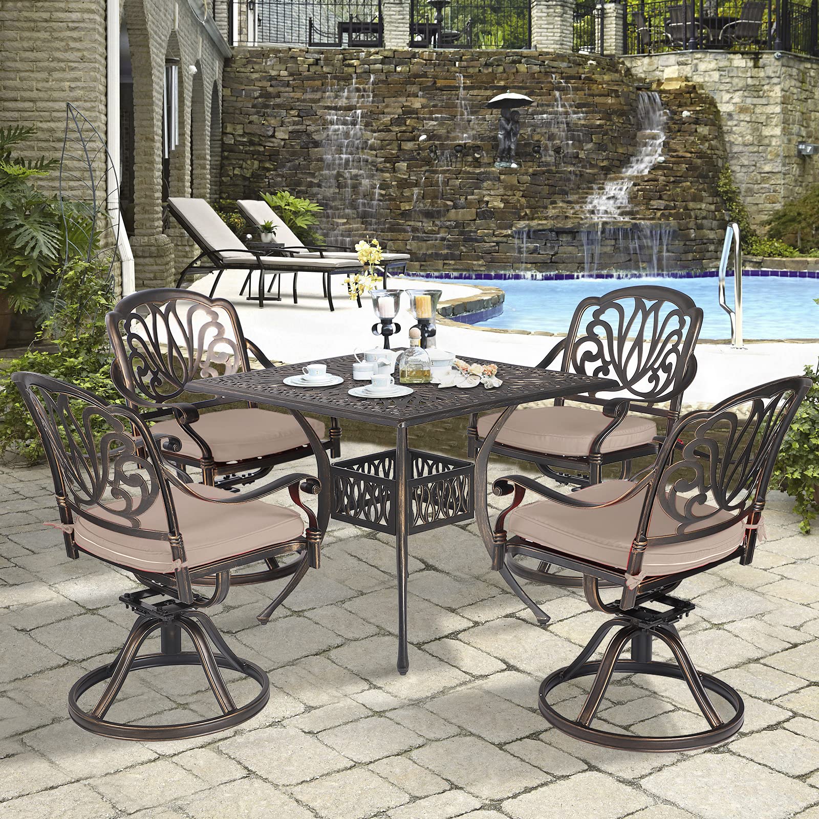 TITIMO 2-Piece Outdoor Patio Dining Chair Set - Cast Aluminum Swivel Rocker Bistro Chairs with Khaki Cushions - Antique Bronze Garden Furniture for Deck, Backyard & Poolside Relaxation