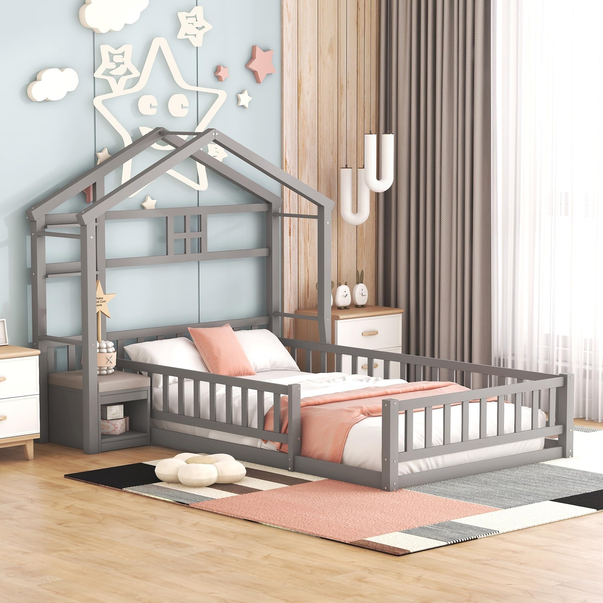 MERITLINE Twin Size House Bed with Rails - Wood Montessori Floor Bed with Storage & Cushion Stand, No Box Spring Needed, Gray - Perfect for Kids' Bedroom, Playroom & Montessori Learning Spaces
