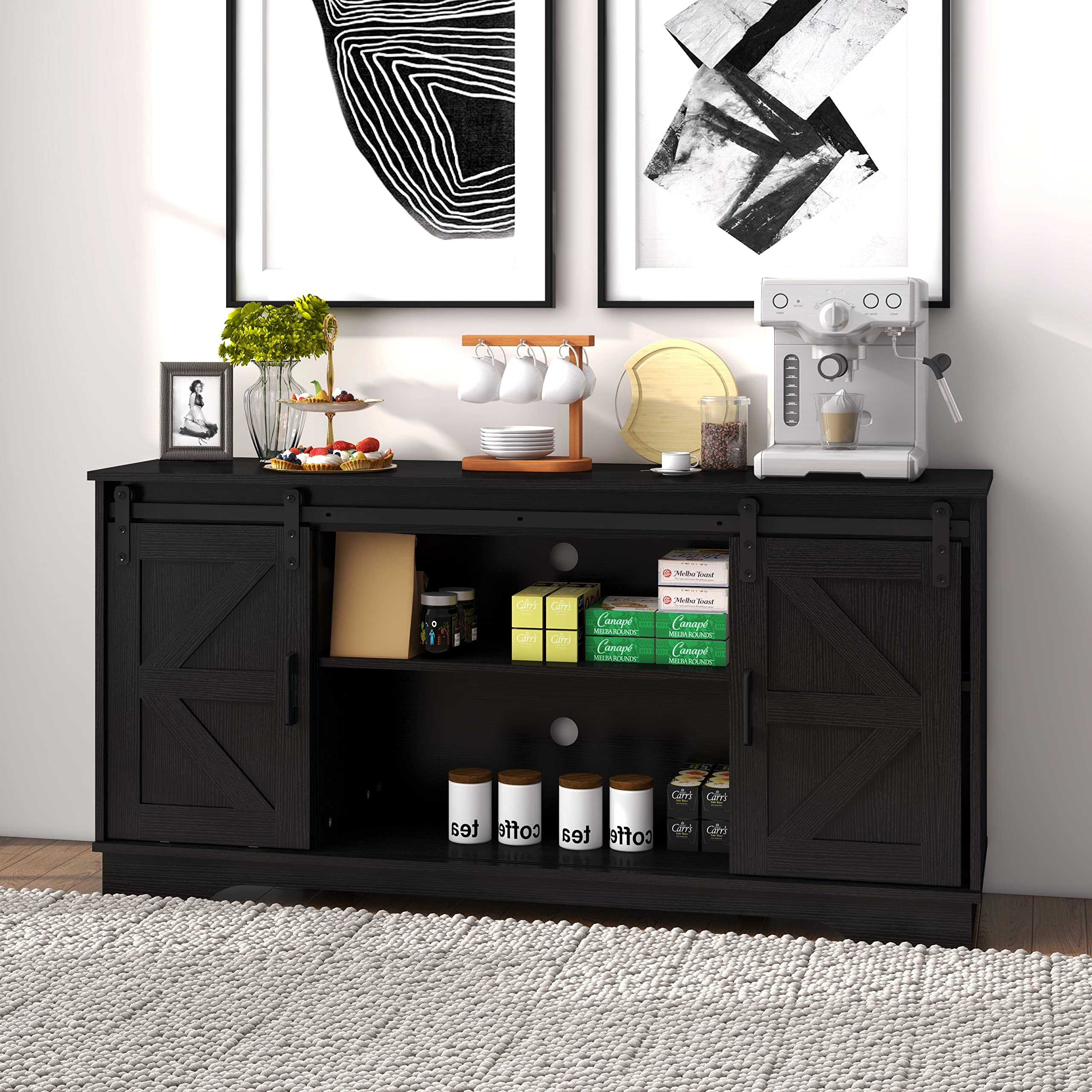 Panana Bar Cabinet with Barn 2 Sliding Doors - Farmhouse Style Buffet Storage Cabinet & TV Stand in Black - Perfect for Living Room, Dining Room, or Home Bar Setup