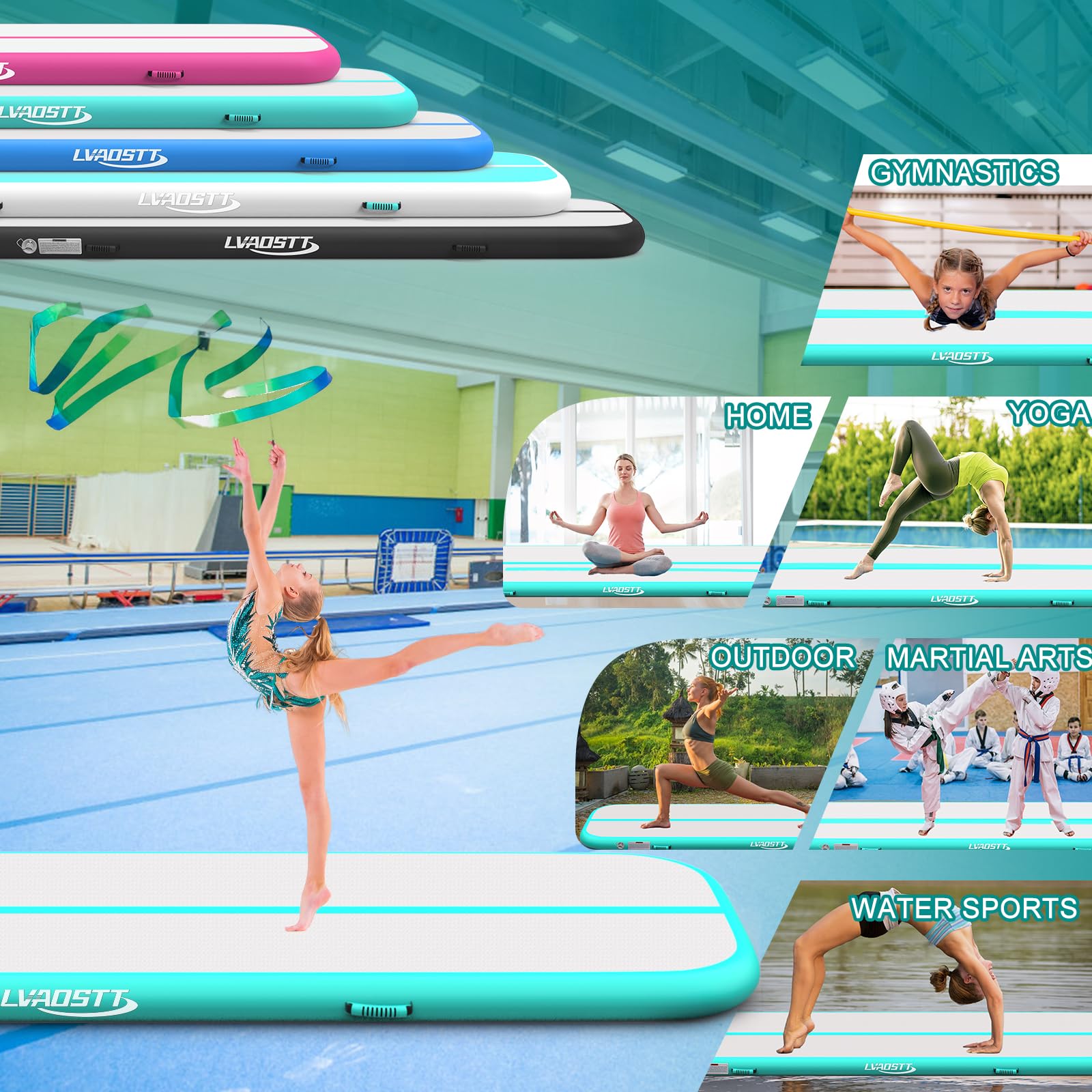 13ft/16ft/20ft Inflatable Gymnastics Air Mat - 4/8 Inch Thick Tumbling Track with Electric Pump for Home Training, Cheerleading & Water Use | Perfect for Indoor Practice, Yoga Meditation & Backyard Activities